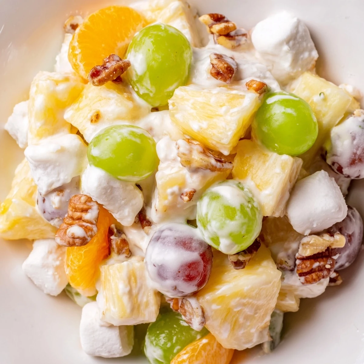Spoonful of chilled creamy pineapple salad served on a leafy green plate at a summer potluck
