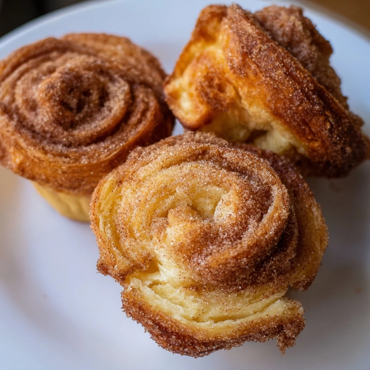 Golden cruffins with flaky croissant layers baked in a muffin tin, dusted with cinnamon sugar