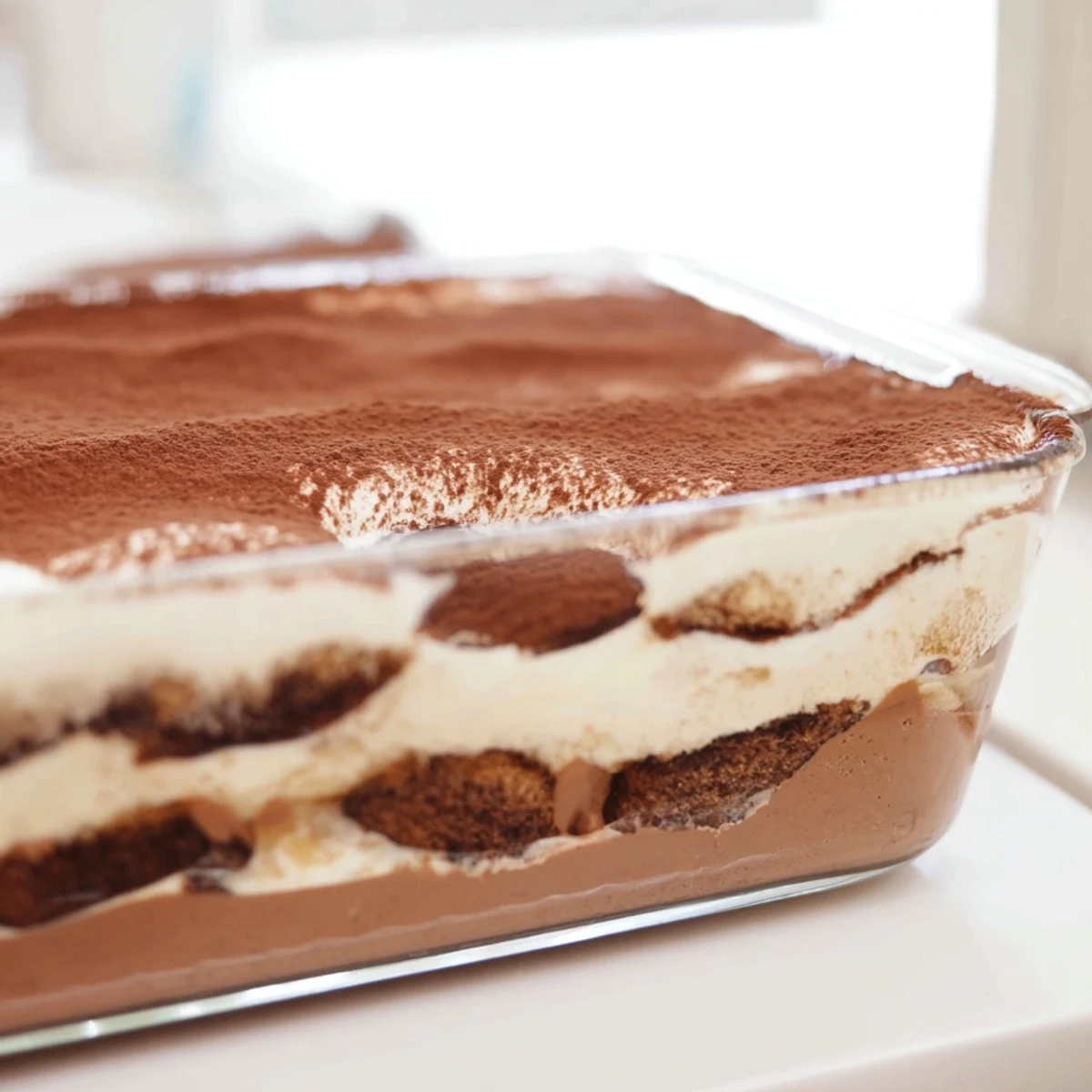 Creamy chocolate mousse tiramisu layered with coffee-soaked ladyfingers and dusted cocoa