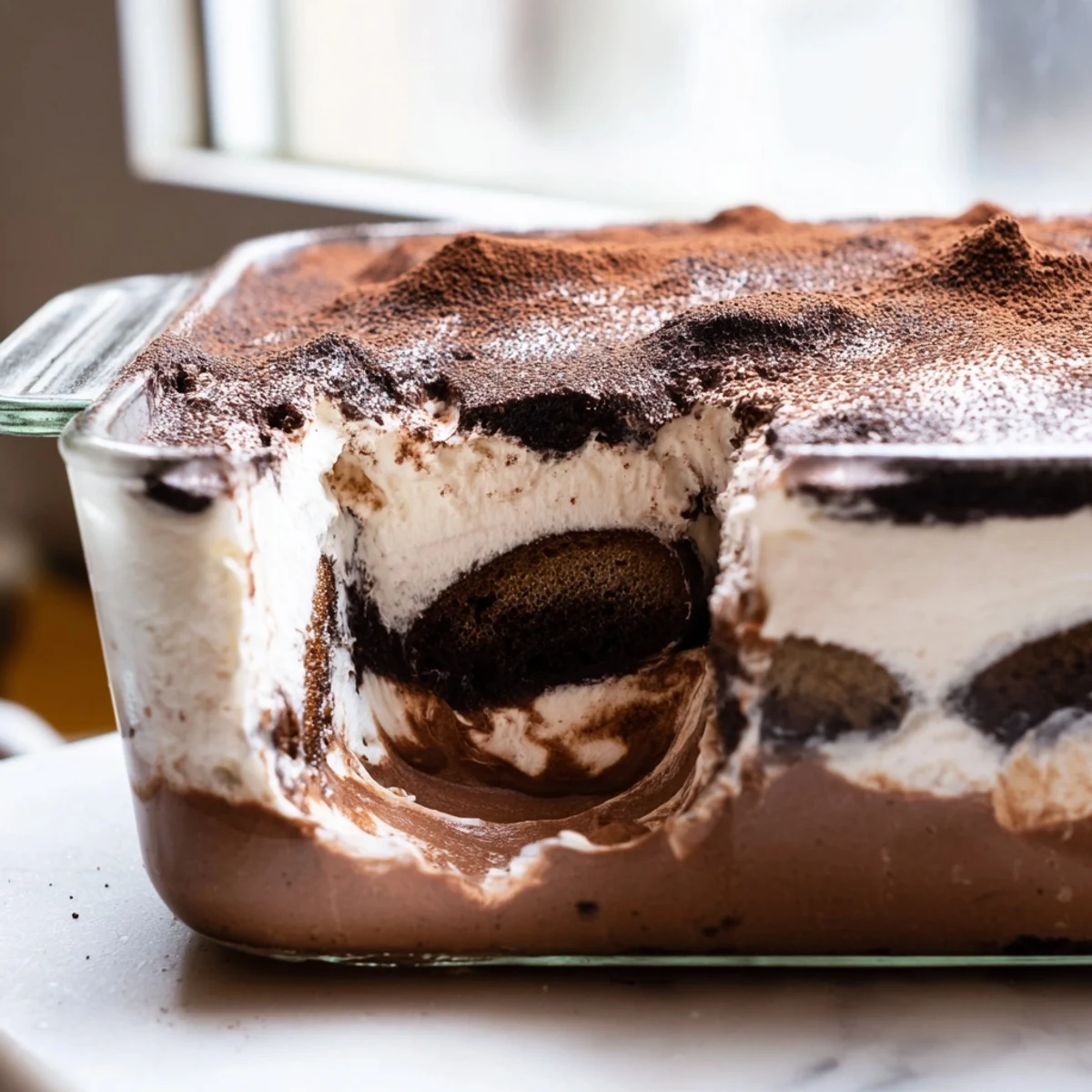 Rich chocolate mousse tiramisu sliced to reveal velvety mascarpone and espresso-dipped layers