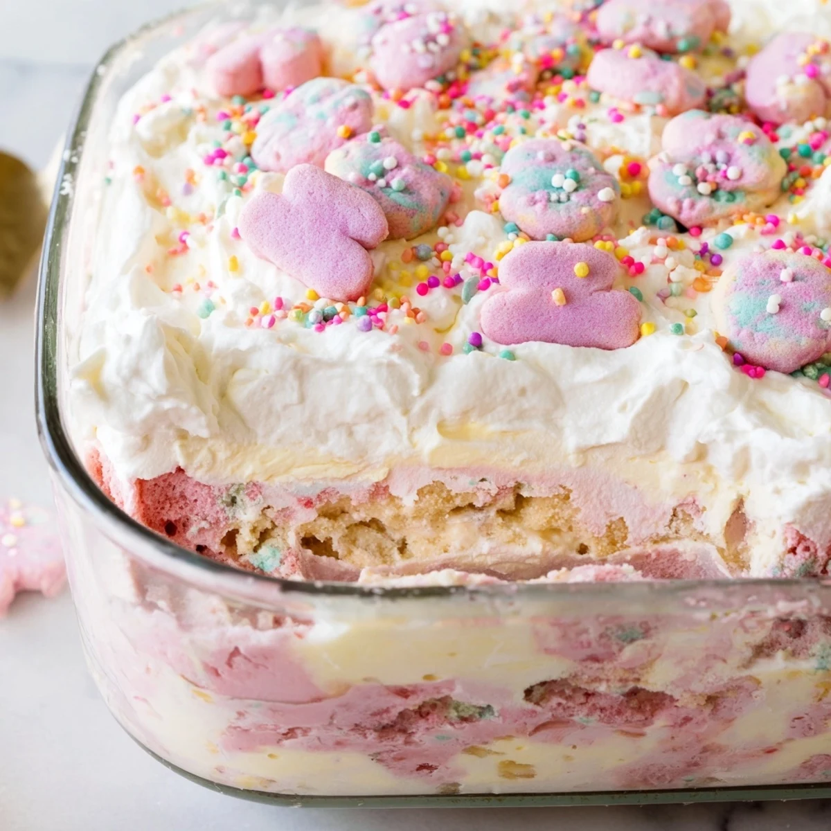 Creamy circus animal cookie lush topped with pink frosted cookies and sprinkles