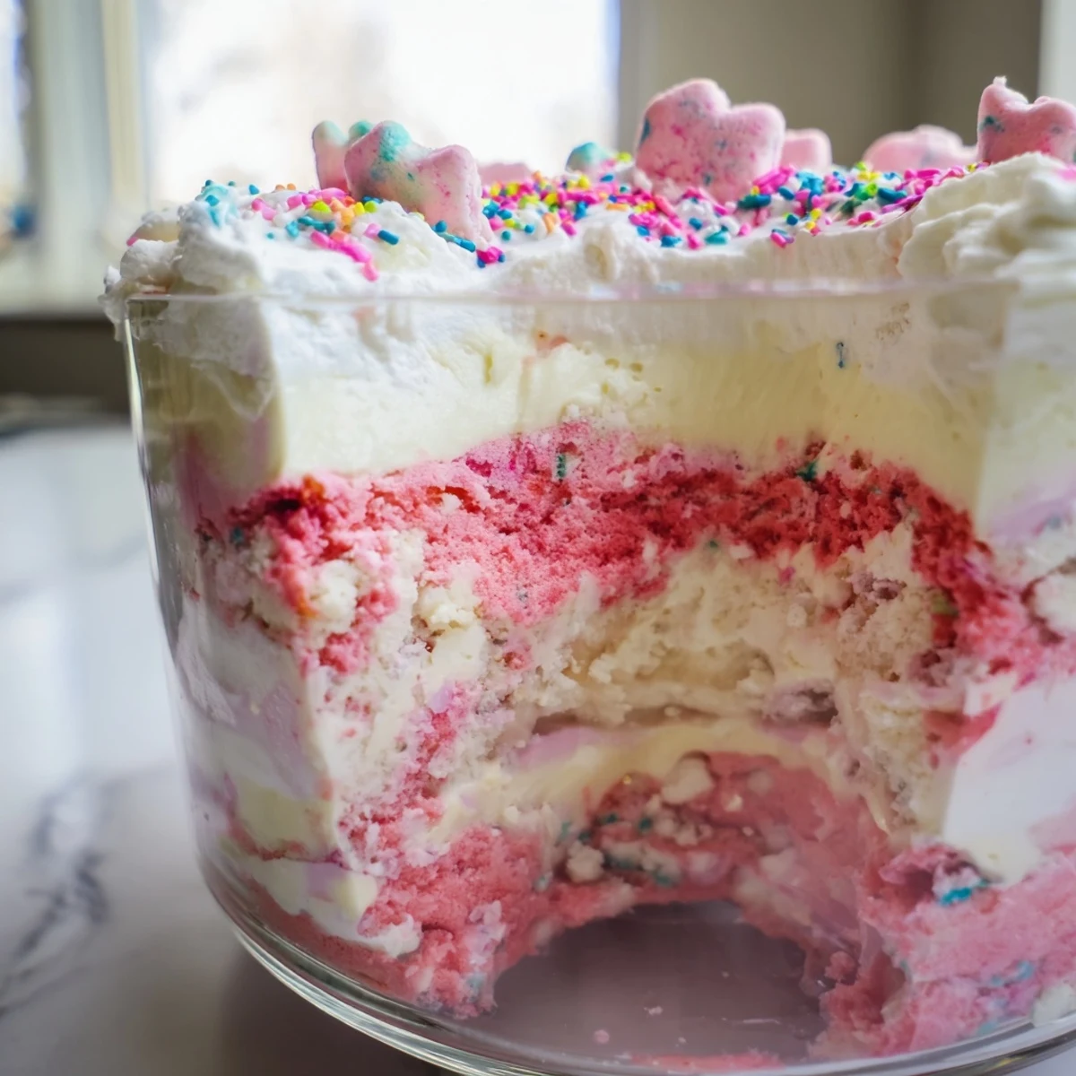 Colorful circus animal cookie lush layered in a chilled glass baking dish