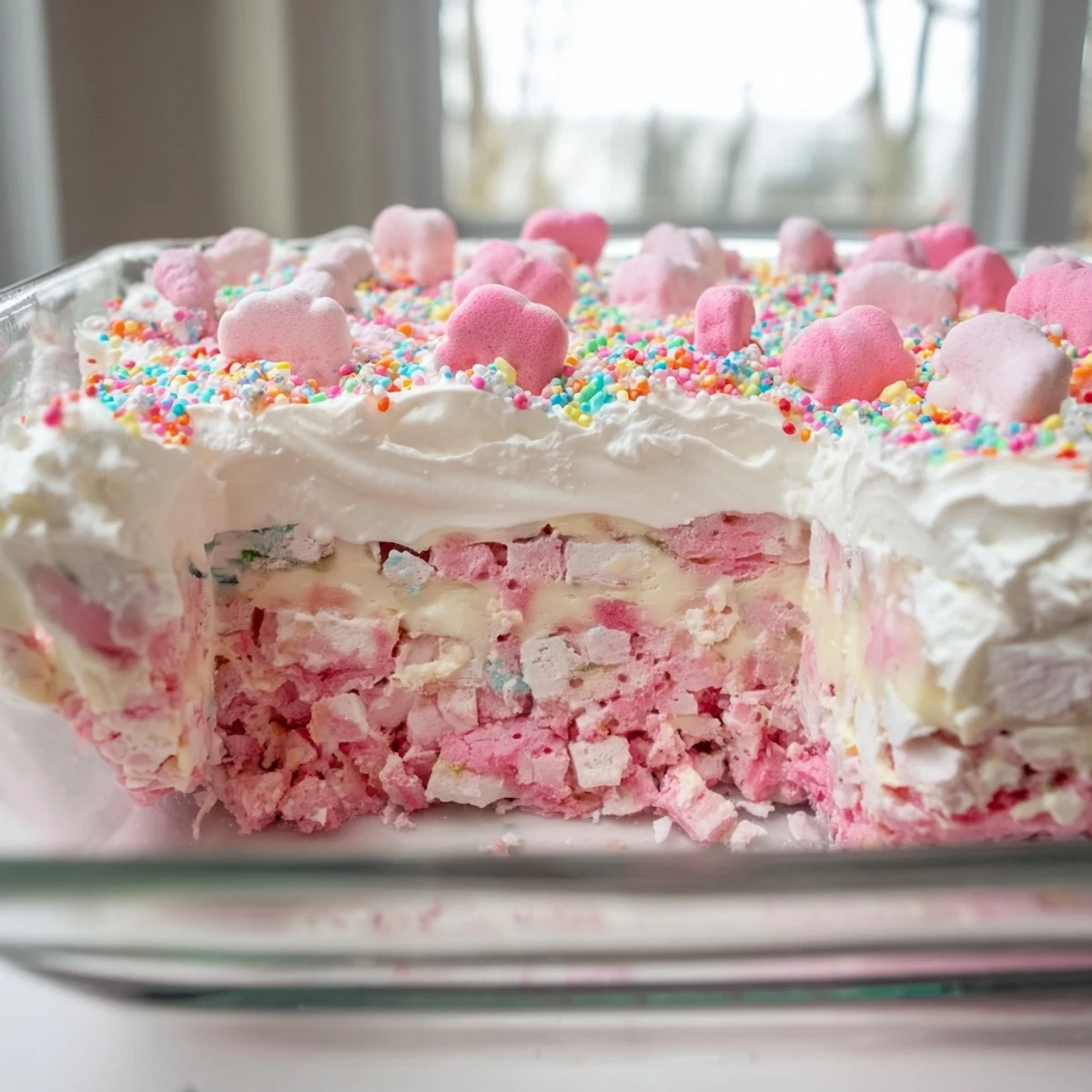 Circus animal cookie lush sliced to reveal creamy pudding and cookie crust layers