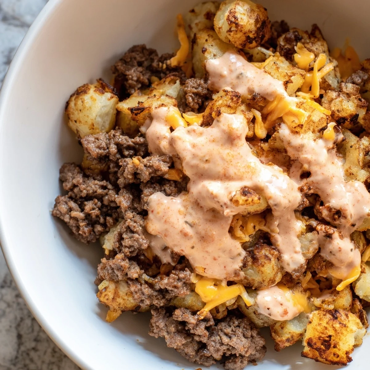 Loaded smash burger bowls topped with golden crispy potatoes and creamy special sauce