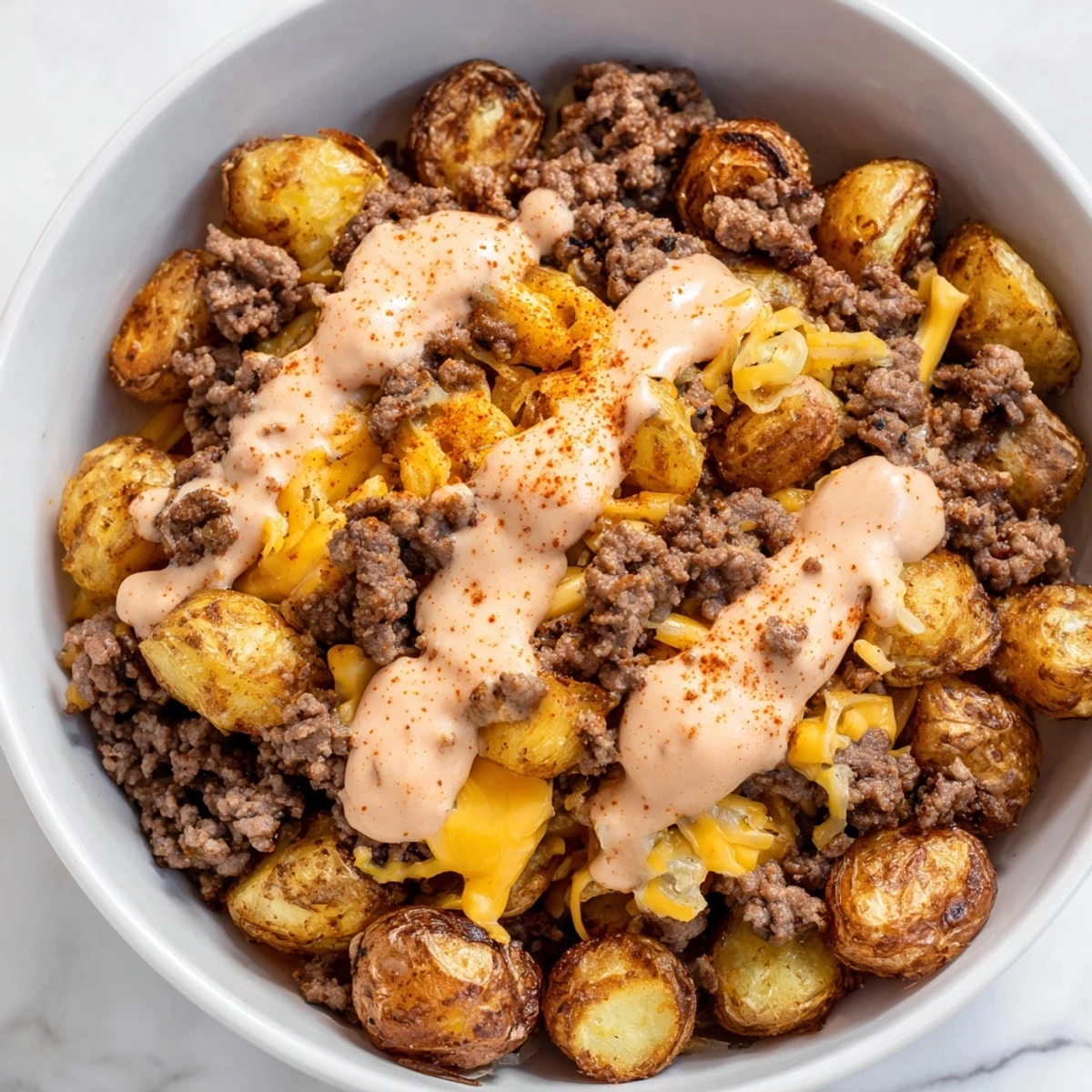 Juicy crumbled beef over loaded smash burger bowls drizzled with tangy special sauce