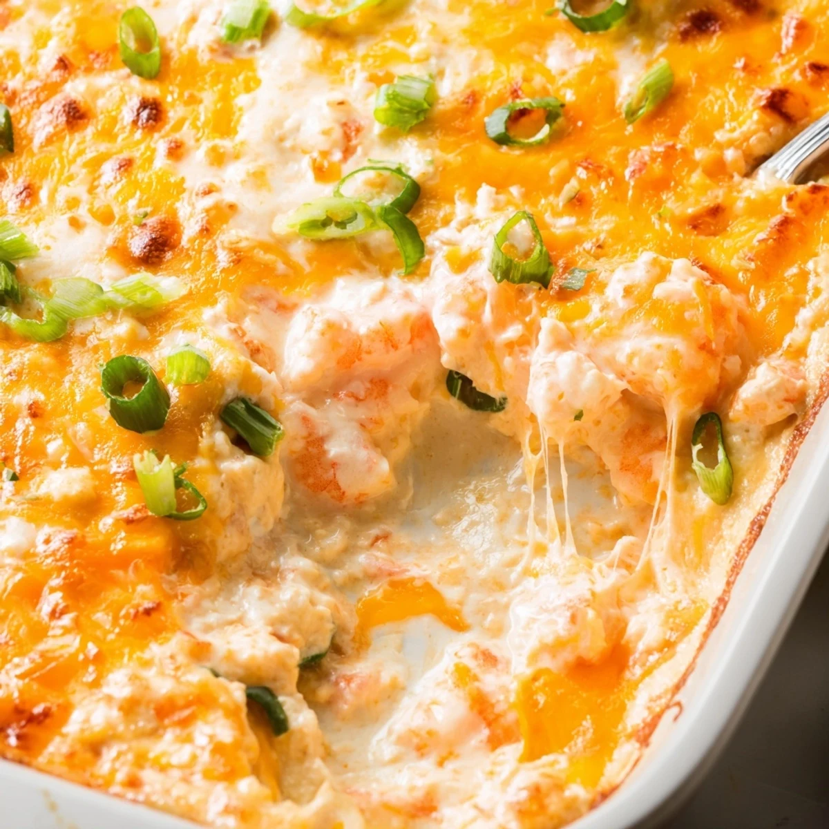 Creamy extra cheesy bang bang shrimp dip bubbling golden in a cast iron skillet