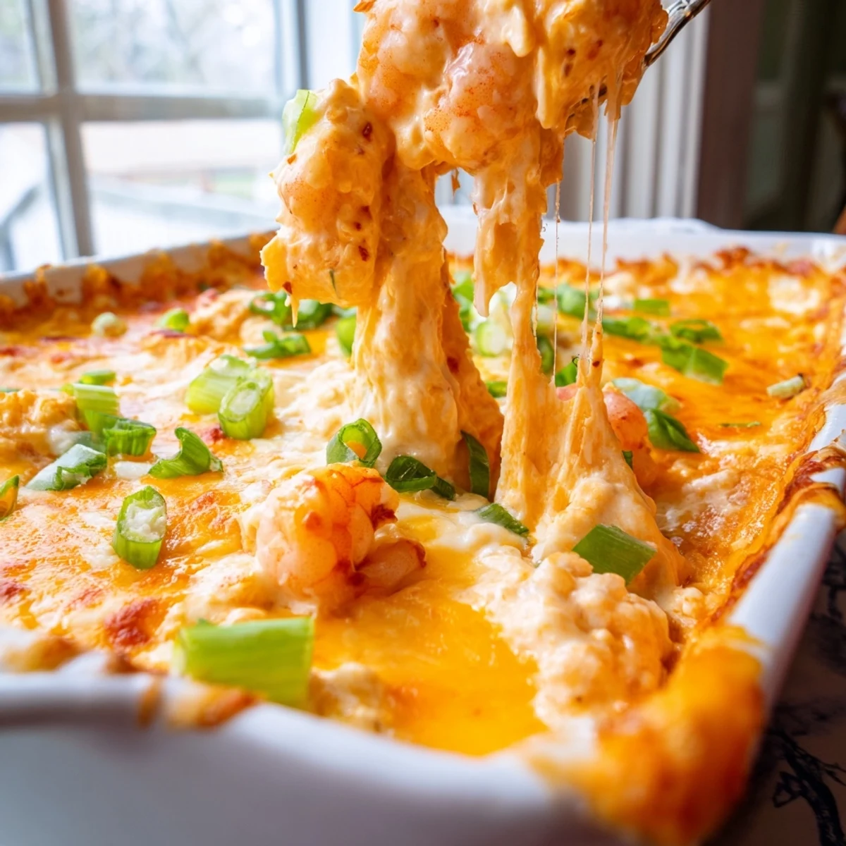 Spoonful of warm extra cheesy bang bang shrimp dip with melted cheddar and cilantro garnish