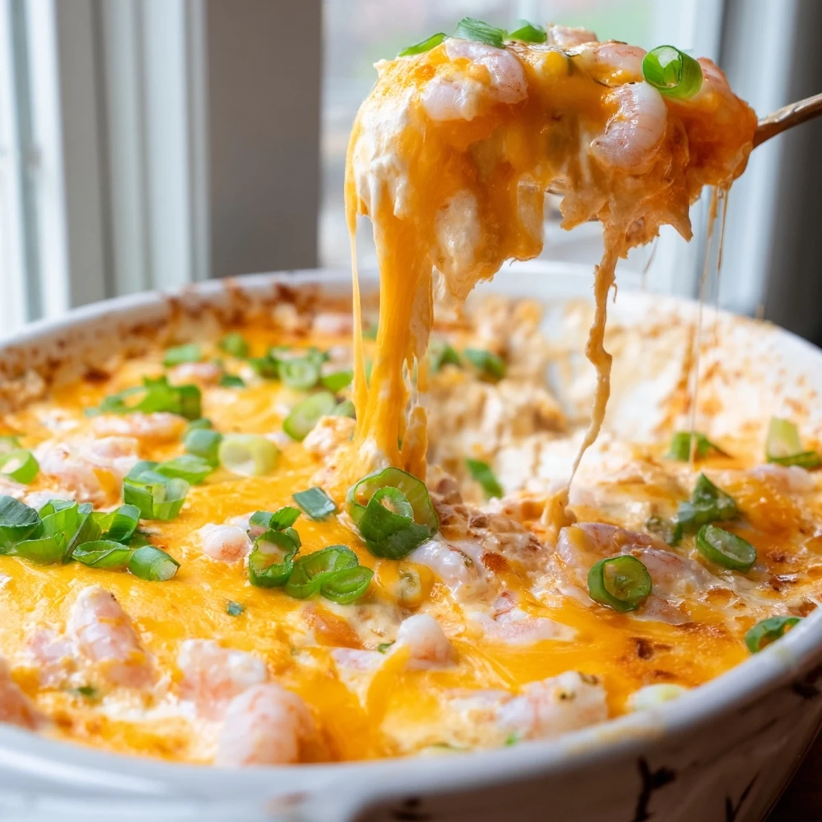 Extra cheesy bang bang shrimp dip topped with green onions served alongside tortilla chips