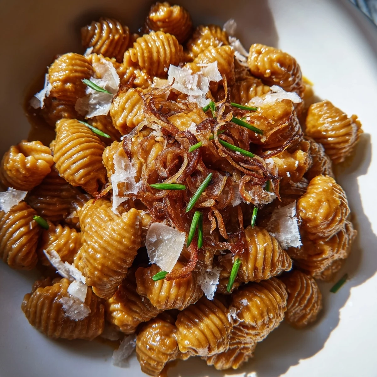 Creamy brown butter miso roasted garlic radiatori plated with fresh herbs and golden shallots