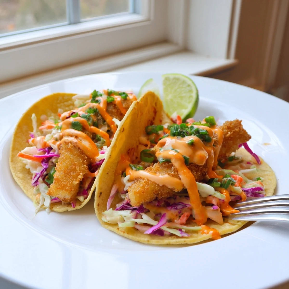 Crispy golden fish strips top these vibrant bang bang fish tacos with creamy lime slaw and spicy sauce drizzle.
