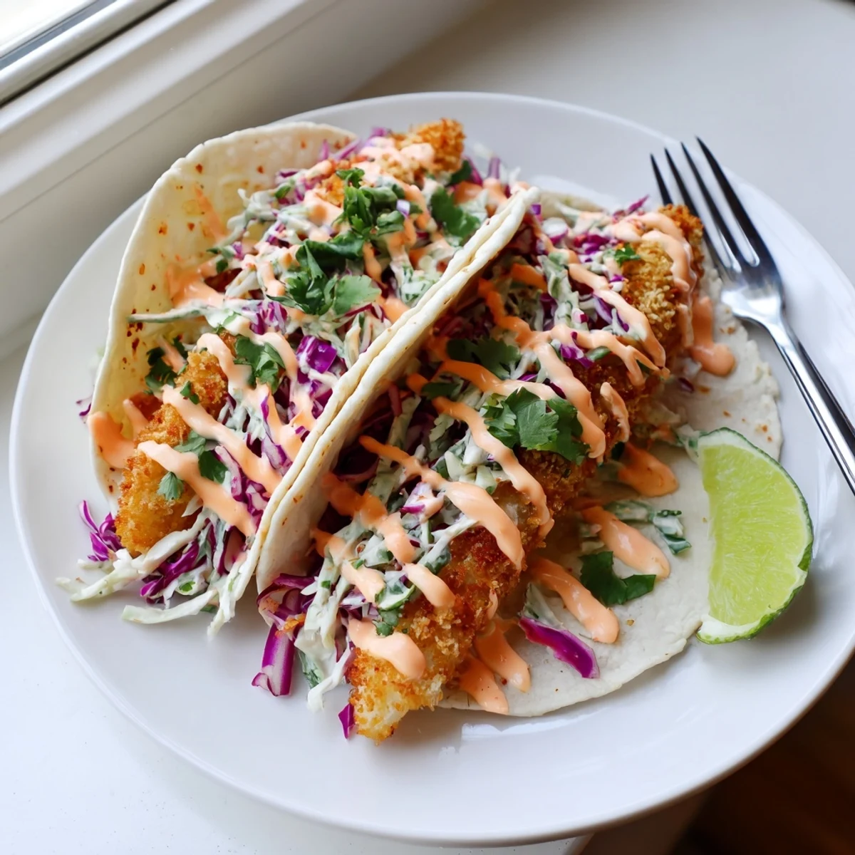 Warm tortillas hold crunchy panko-crusted fish and tangy cabbage in these zesty bang bang fish tacos finished with fresh cilantro.