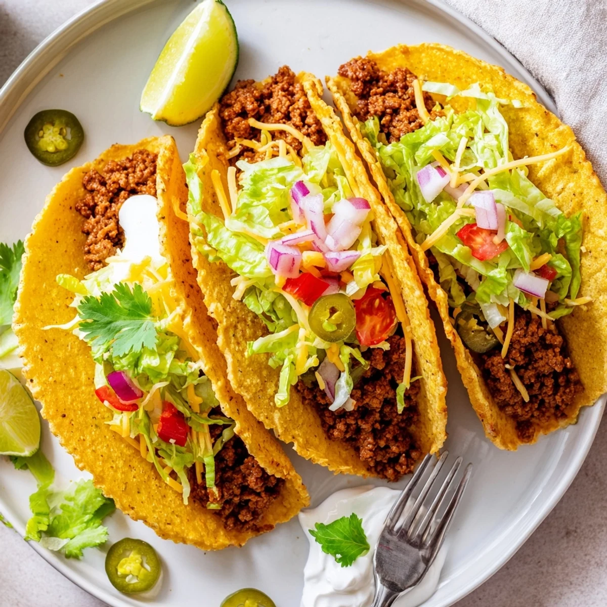 Crispy Beef Tacos with golden shells, melted cheese, and fresh cilantro on a rustic plate