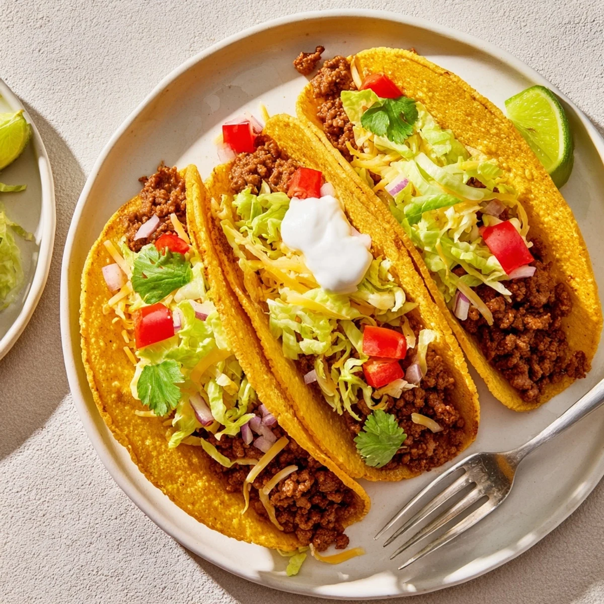 Crispy Beef Tacos served with lime wedges, salsa, and jalapeños on a checkered napkin