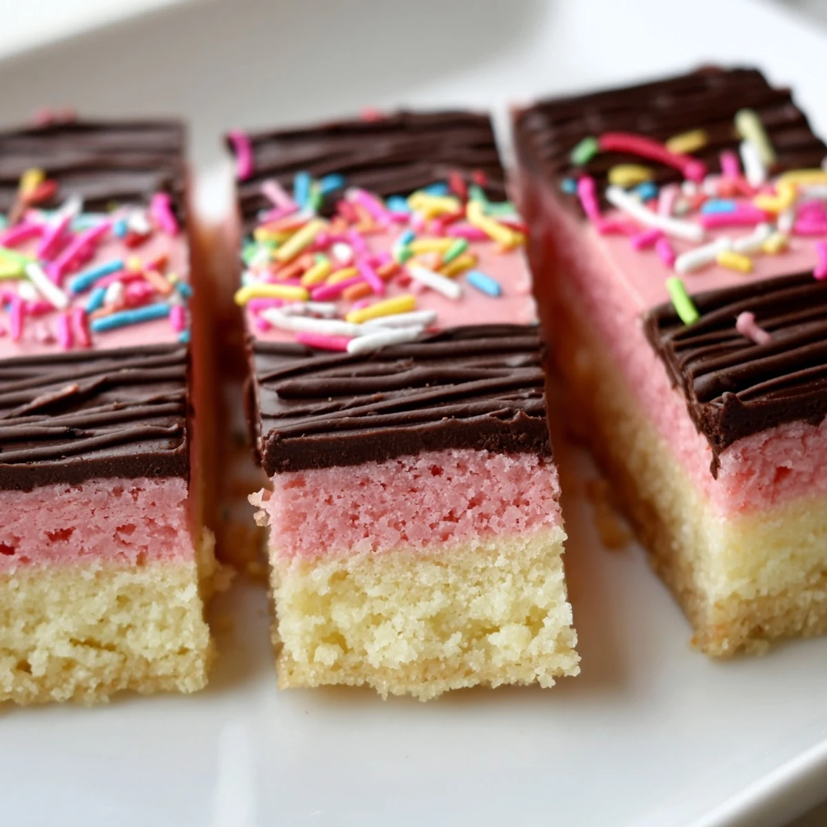 Freshly baked Neapolitan cookies sliced into bars showing three distinct flavor layers
