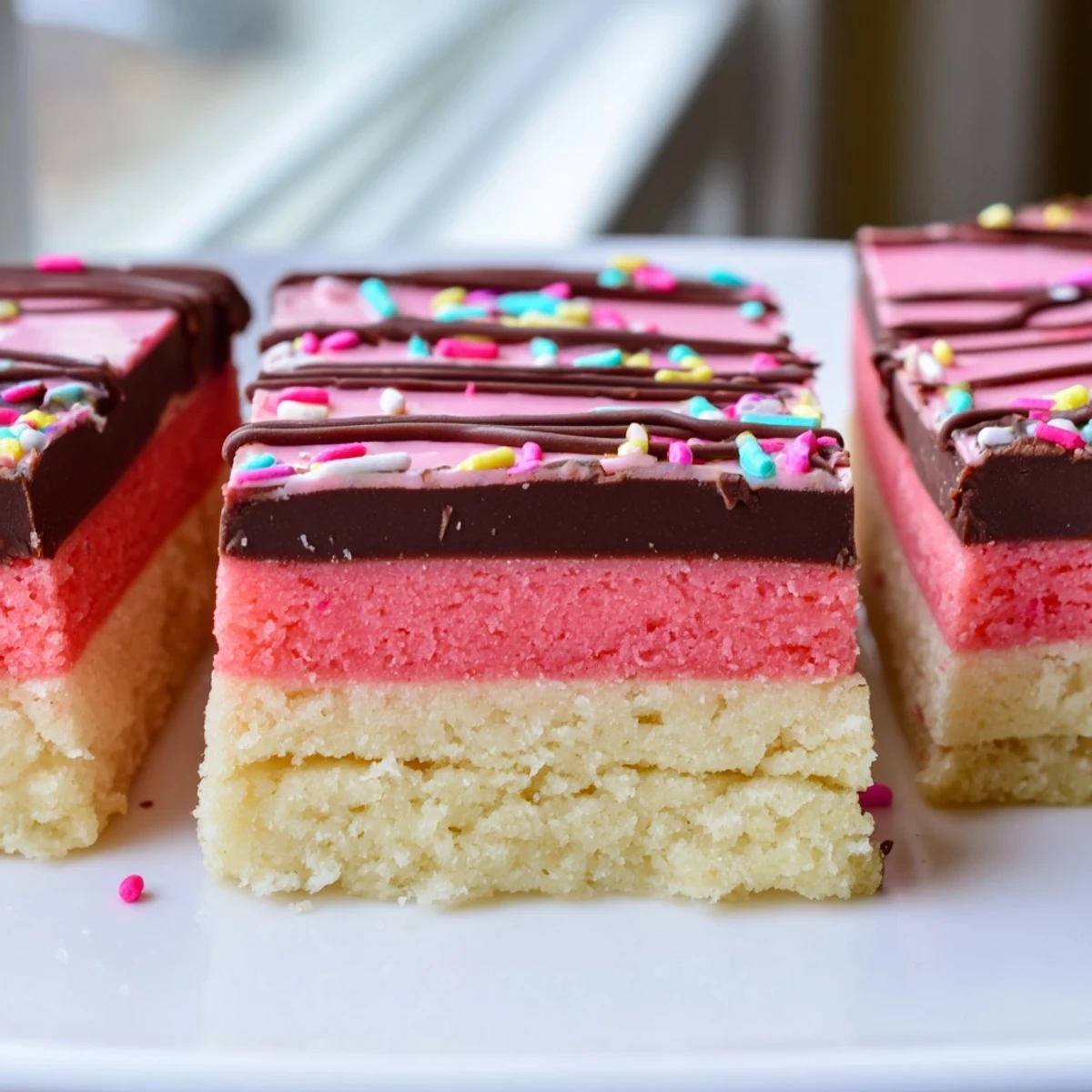 Colorful Neapolitan cookies layered with rich chocolate, creamy vanilla, and pink strawberry dough