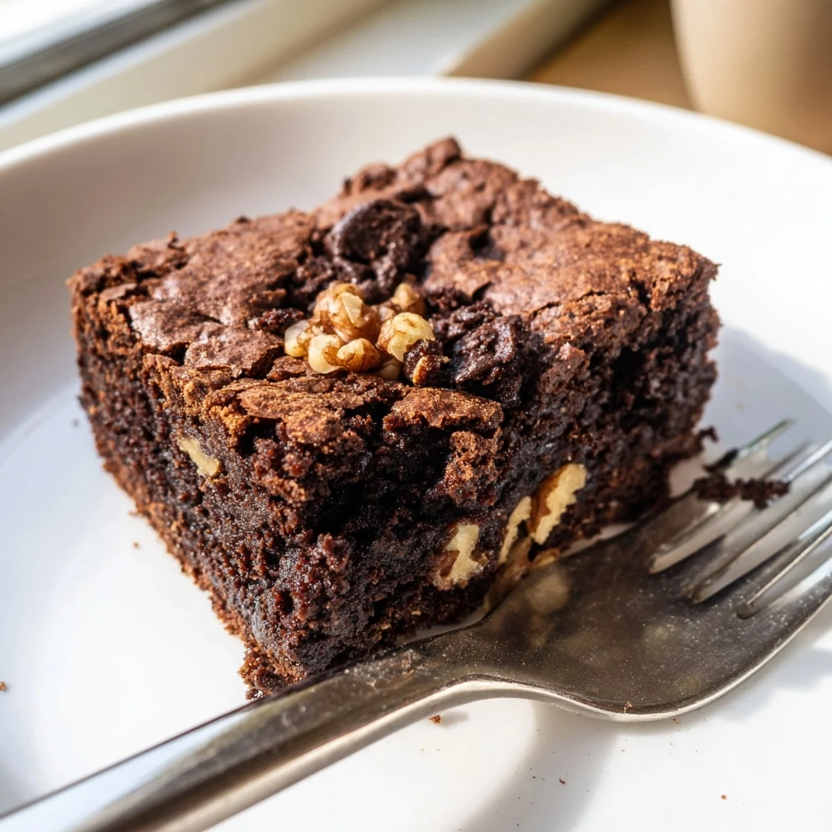 Fudgy brownie squares with a shiny crackly crust, cut and plated on a rustic board