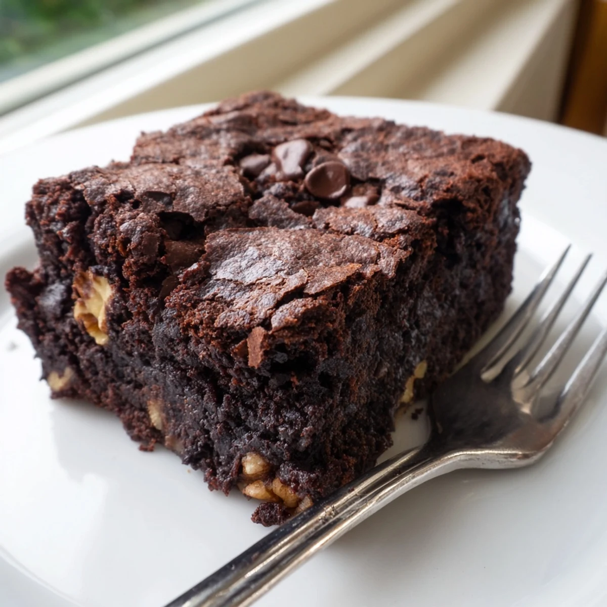 Rich chocolate brownie wedges topped with powdered sugar beside a glass of cold milk