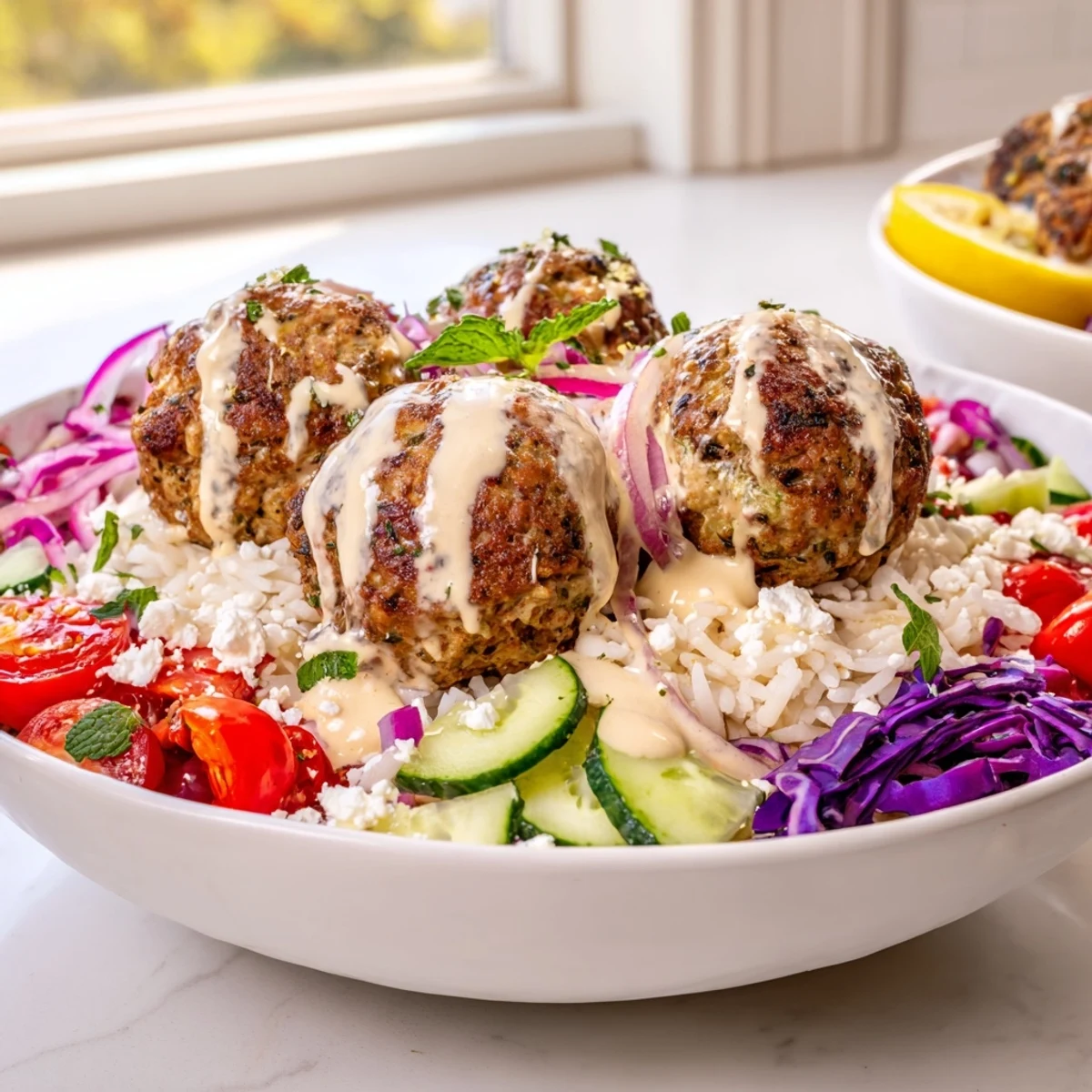 Golden zaatar turkey meatballs nestled over fluffy rice with crisp Mediterranean vegetables and creamy tahini drizzle