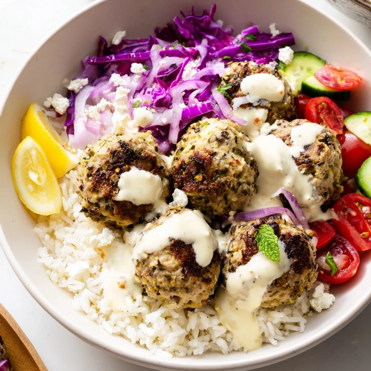 Aromatic Mediterranean zaatar turkey meatball bowls topped with vibrant diced cucumber, tomatoes, and tangy tahini sauce