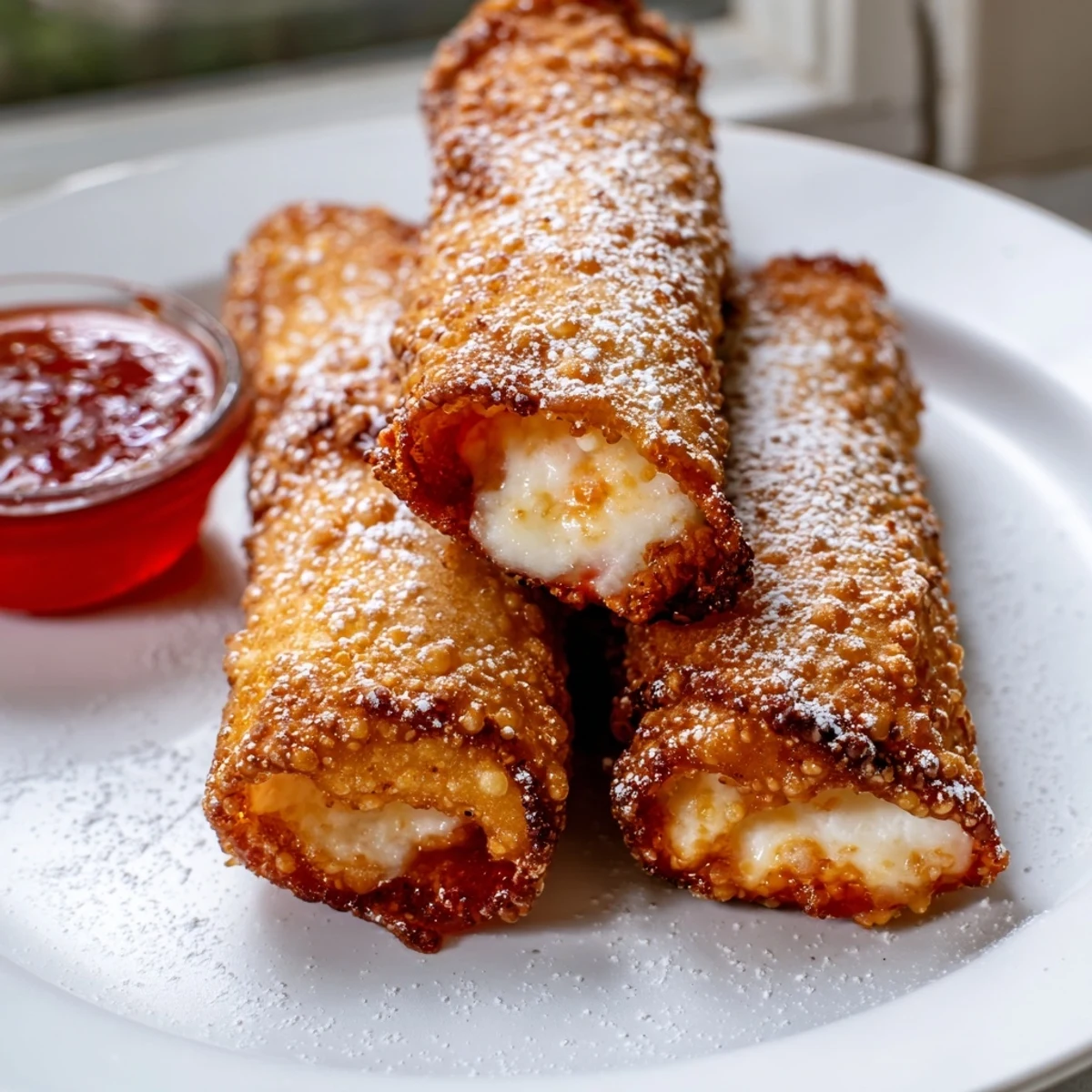 Crispy golden cheesecake egg rolls dusted with powdered sugar on a white plate