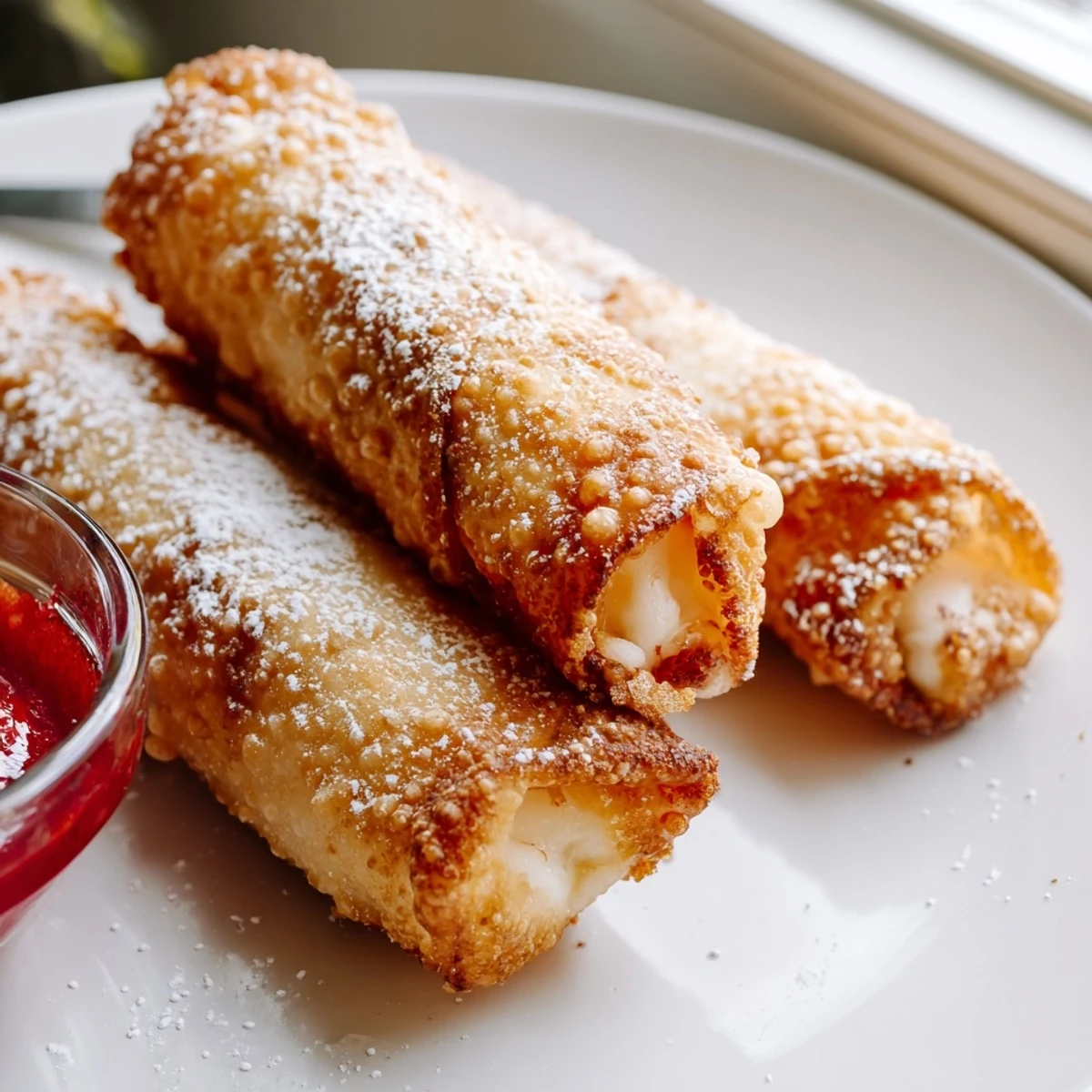 Creamy cheesecake egg rolls served warm with fresh berries and chocolate drizzle