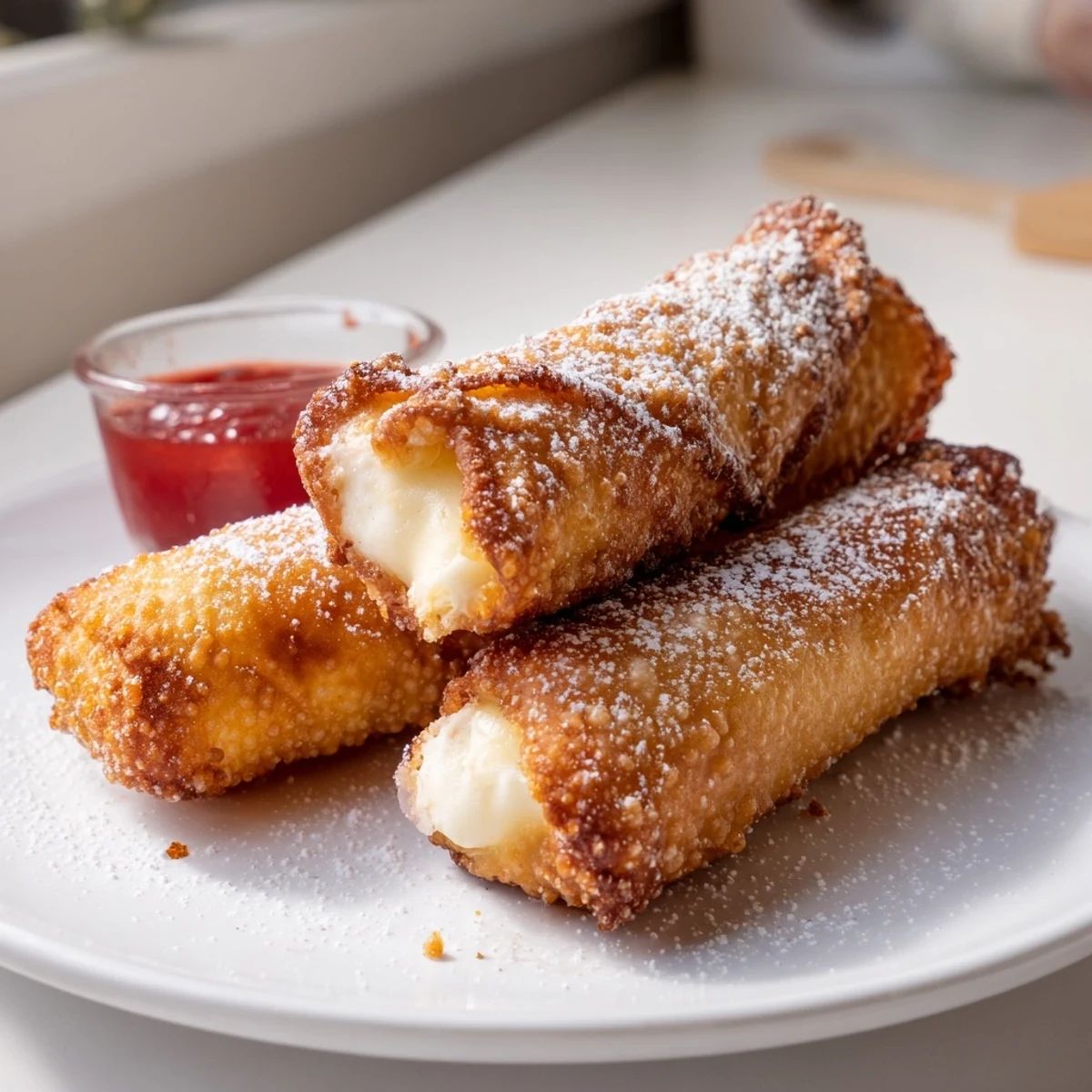 Crunchy cheesecake egg rolls arranged on a platter alongside sweet caramel dipping sauce