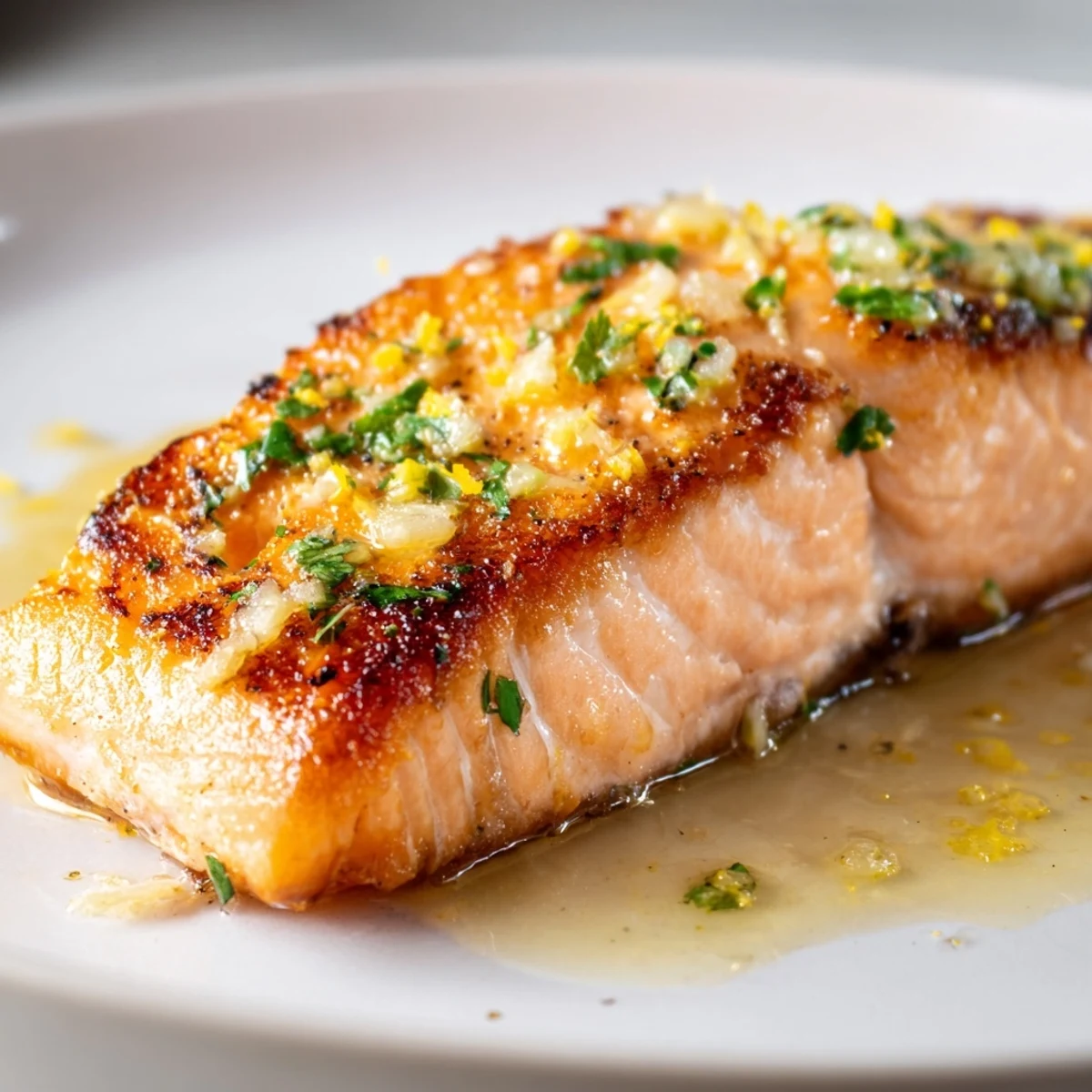 Golden garlic butter salmon fillets glistening in a rich, lemony pan sauce on a white plate