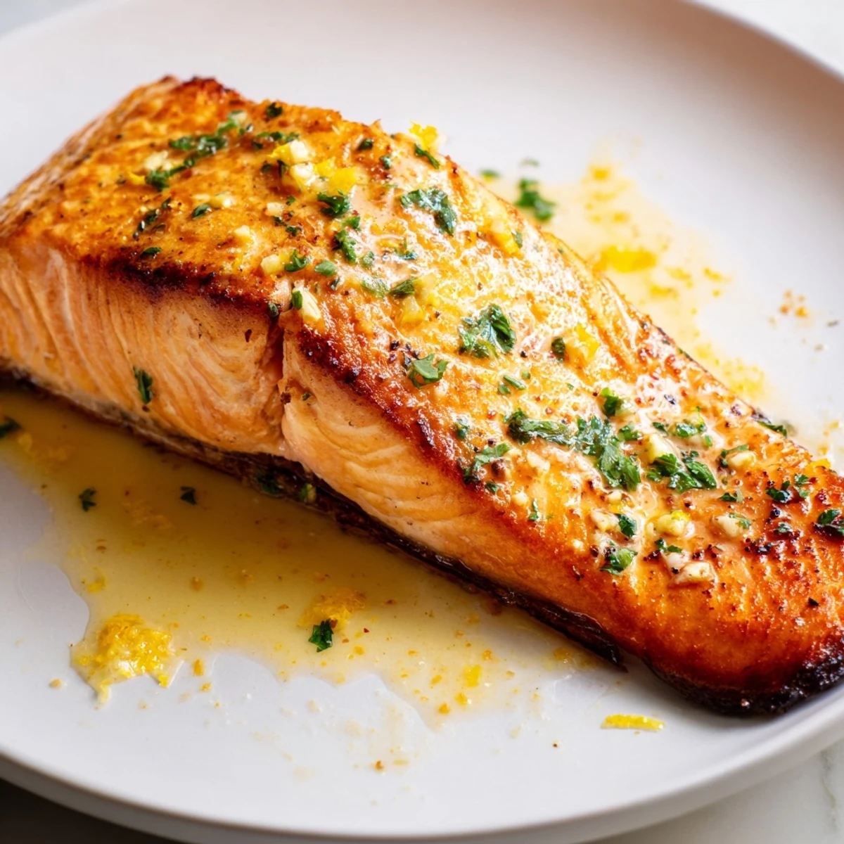 Crispy-skinned garlic butter salmon sizzling in a skillet with fresh parsley and lemon wedges