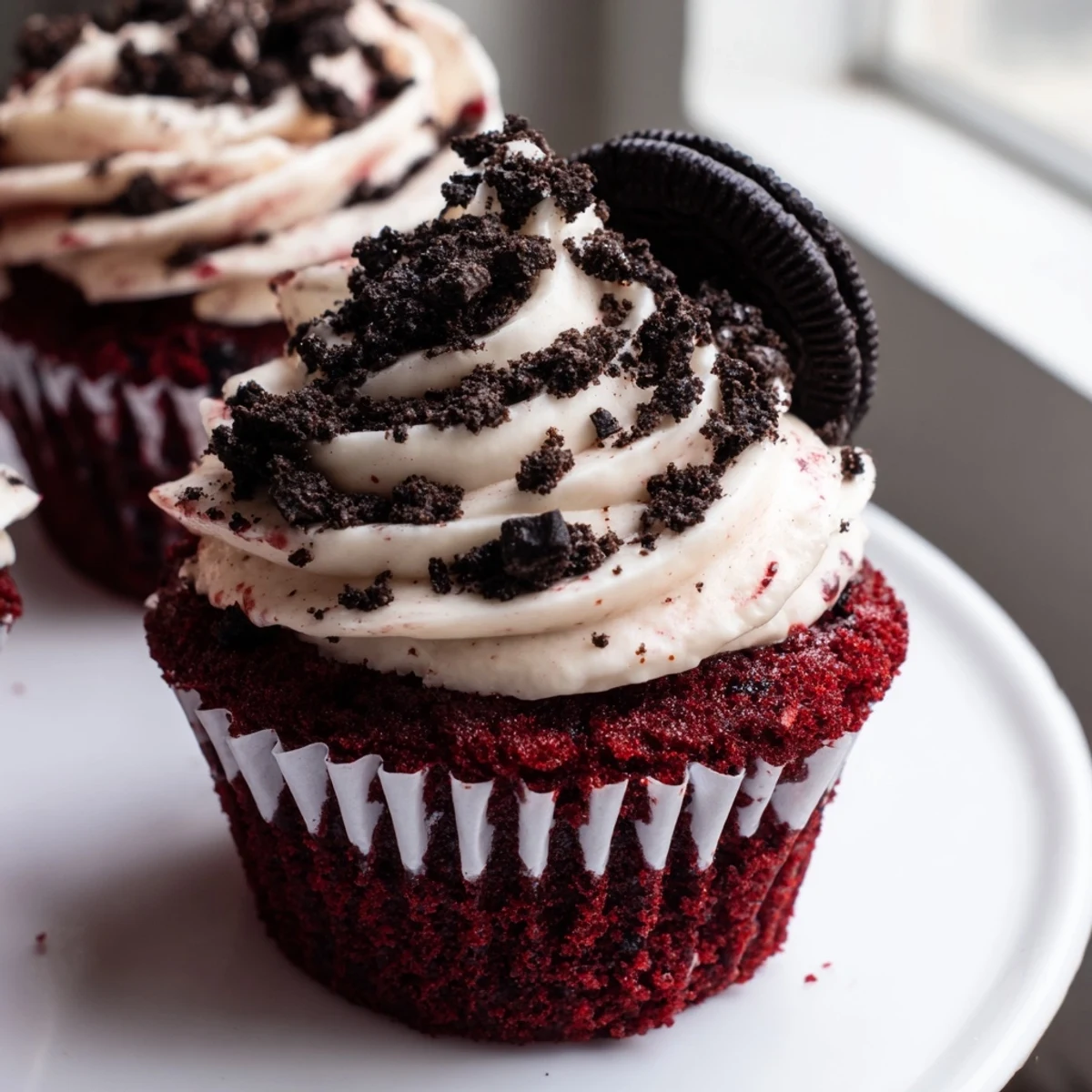 Red Velvet Oreo Cupcakes topped with creamy cookies and cream frosting on a rustic plate