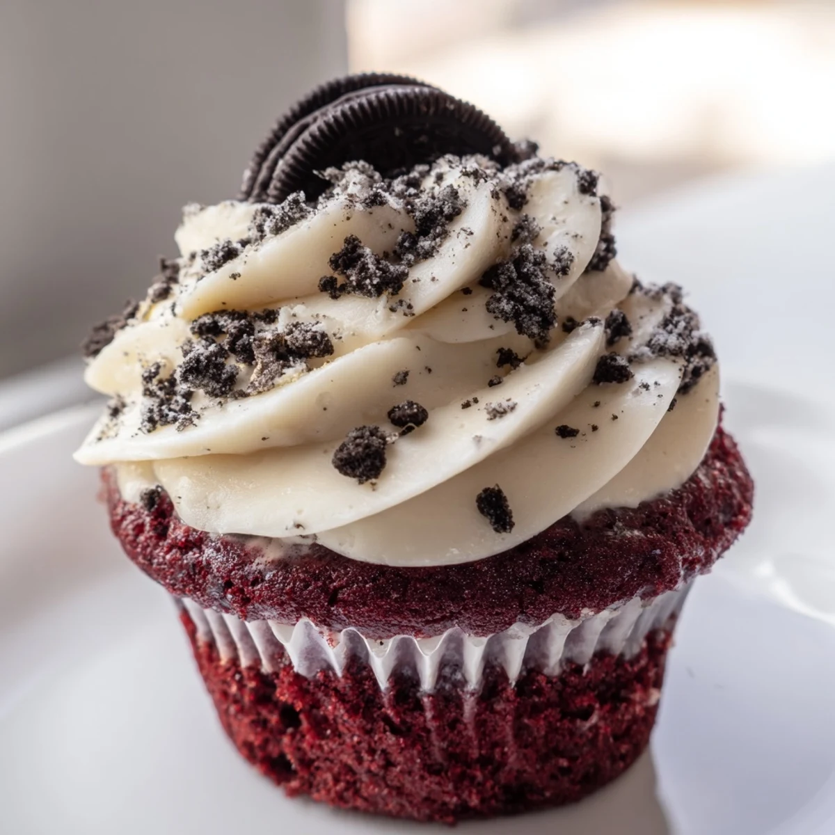 Red Velvet Oreo Cupcakes with vibrant crimson batter baked over whole Oreo cookie crusts