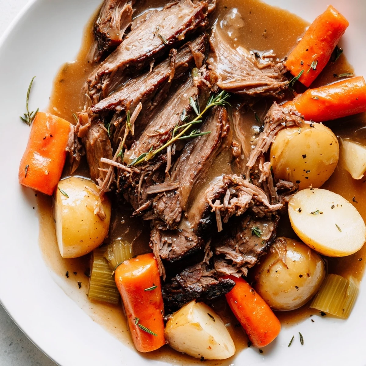 Tender perfect pot roast surrounded by golden potatoes and carrots in rich brown gravy