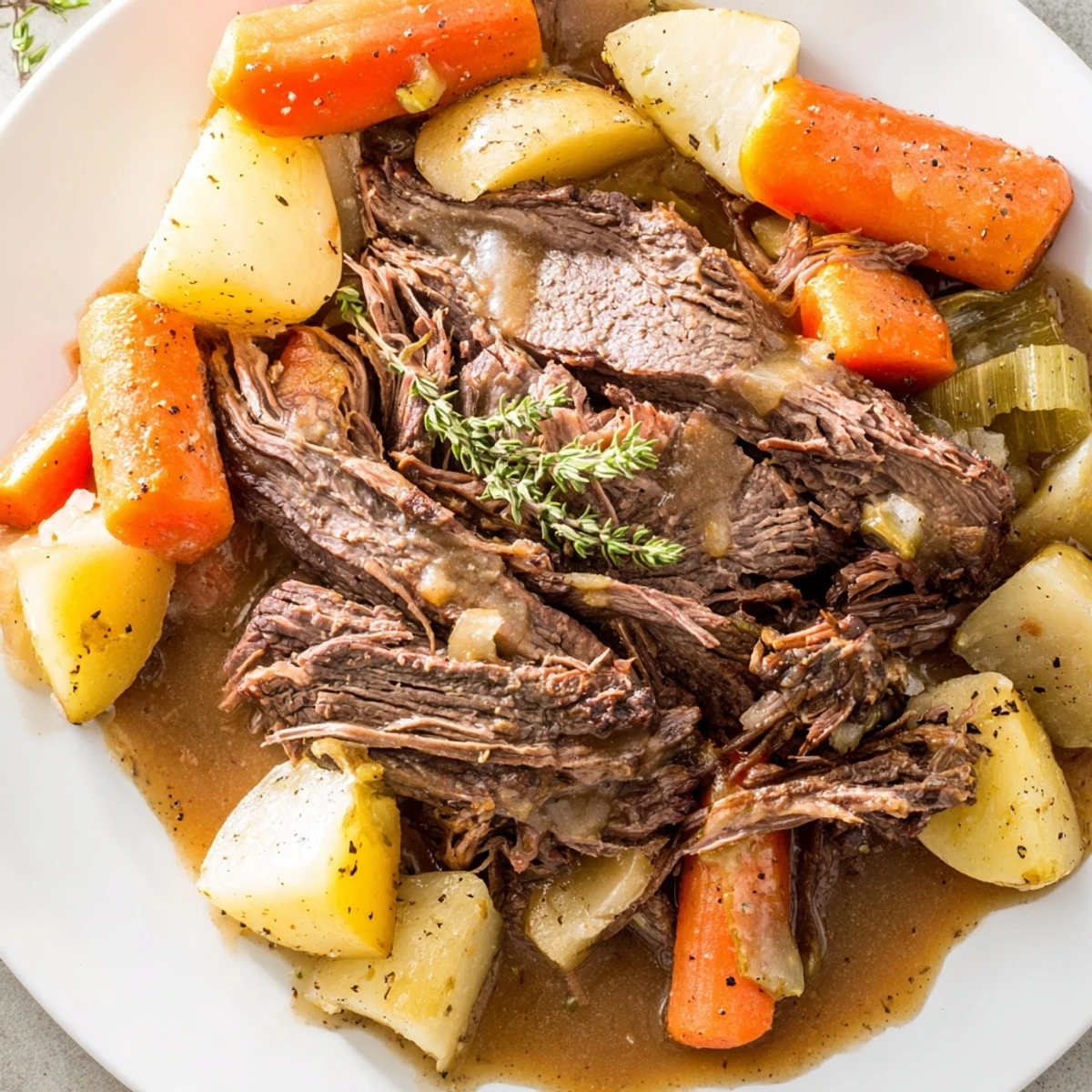 Savory perfect pot roast with fall-apart beef, root vegetables, and aromatic herb sauce