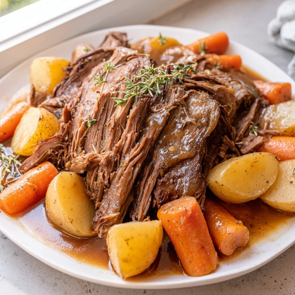 Hearty perfect pot roast sliced thick and plated with tender veggies and pan juices
