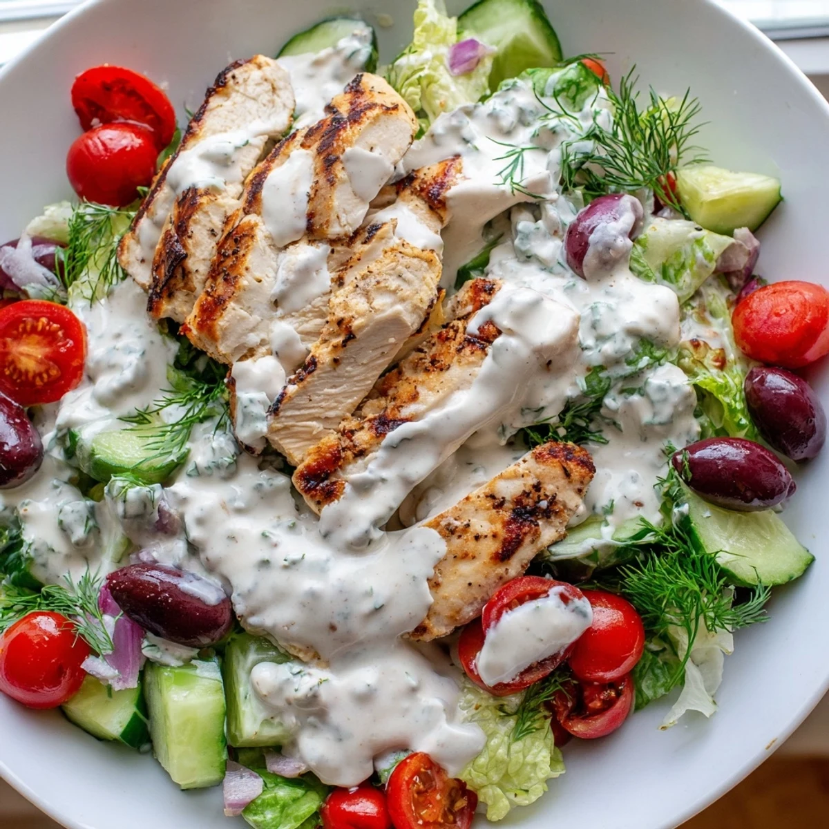 Juicy grilled Greek chicken salad topped with crisp vegetables and whipped feta dressing