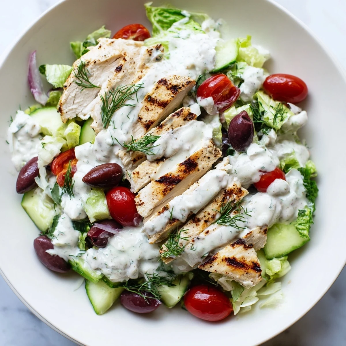 Creamy whipped feta dressing cascading over a vibrant Greek chicken salad with olives