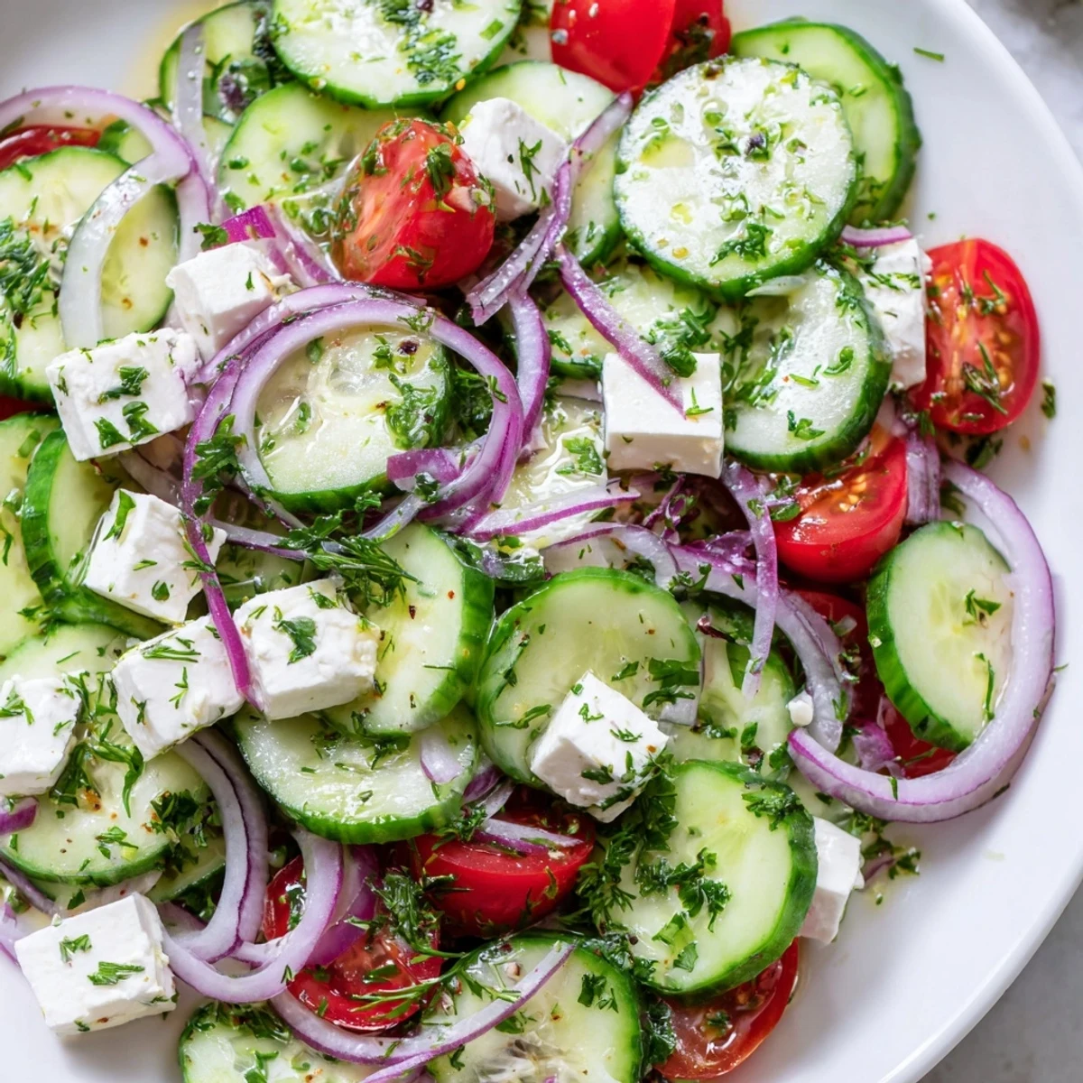 Creamy crumbled feta tops a crisp cucumber herb salad with cherry tomatoes and fresh dill