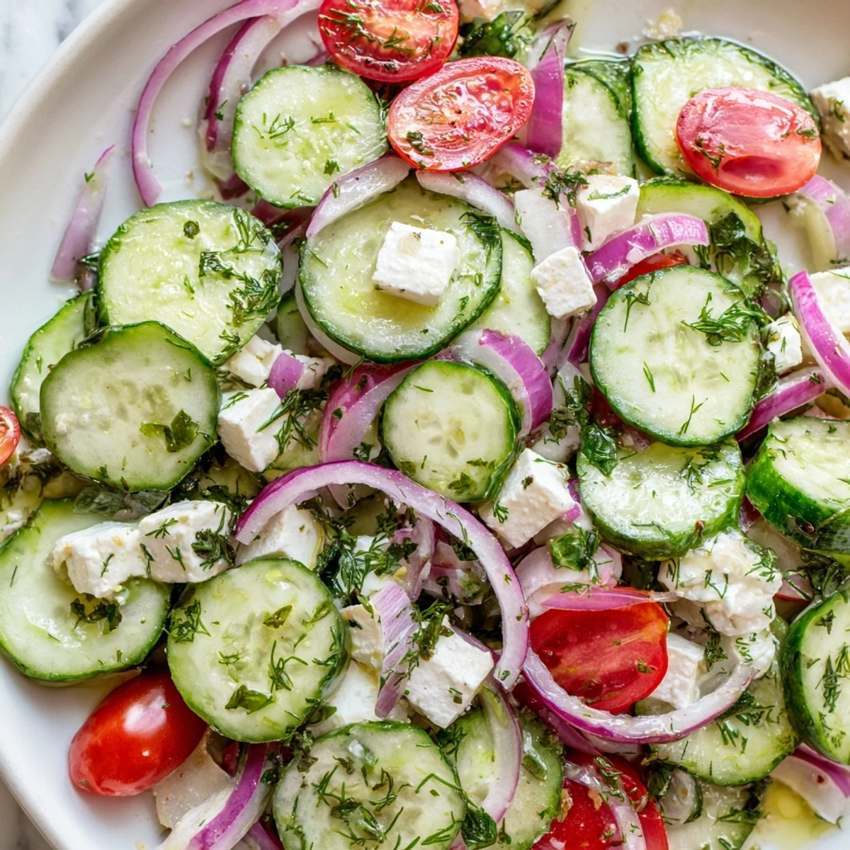 A colorful feta cucumber herb salad served in a rustic bowl with lemon olive oil dressing