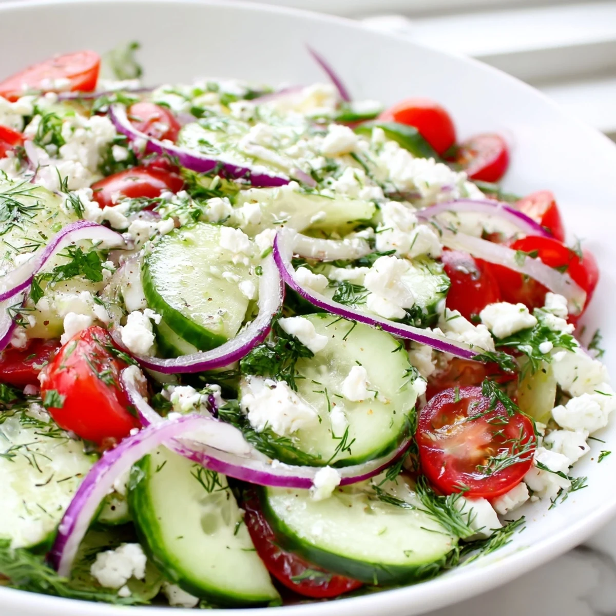 Tender cucumber slices and tangy feta cheese mingle with bright mint and parsley in this refreshing salad