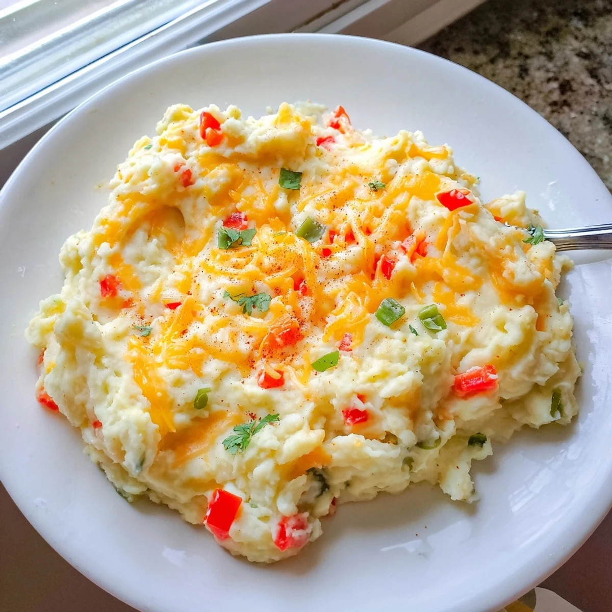 Spicy Tex Mex mashed potatoes loaded with jalapeños, bell peppers, and sour cream