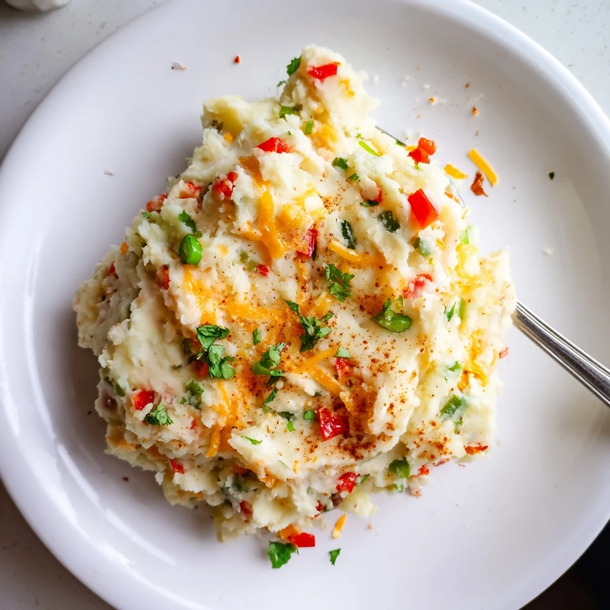 Creamy Tex Mex mashed potatoes topped with melted cheddar and fresh cilantro
