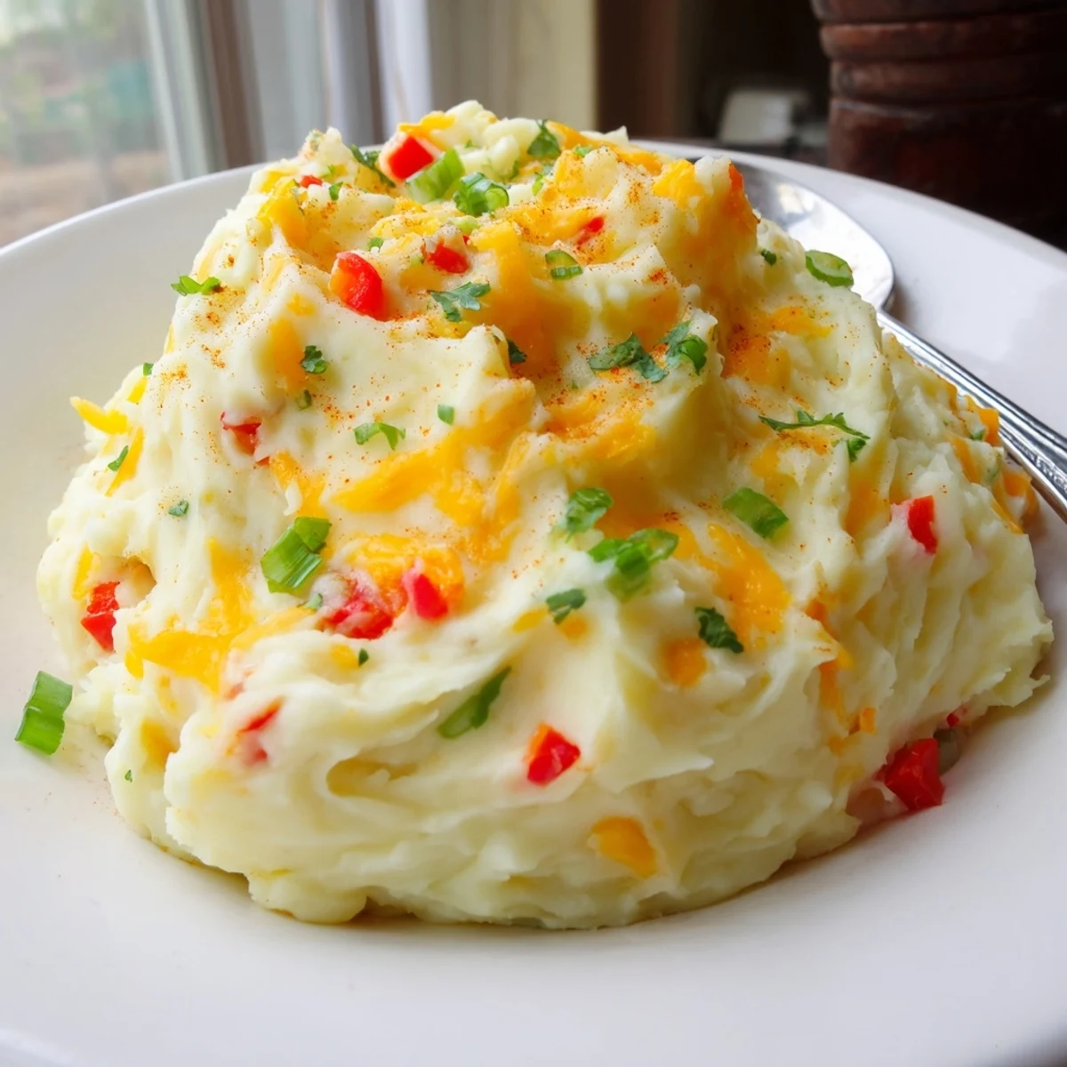 Golden Tex Mex mashed potatoes served in a rustic bowl with green onion garnish