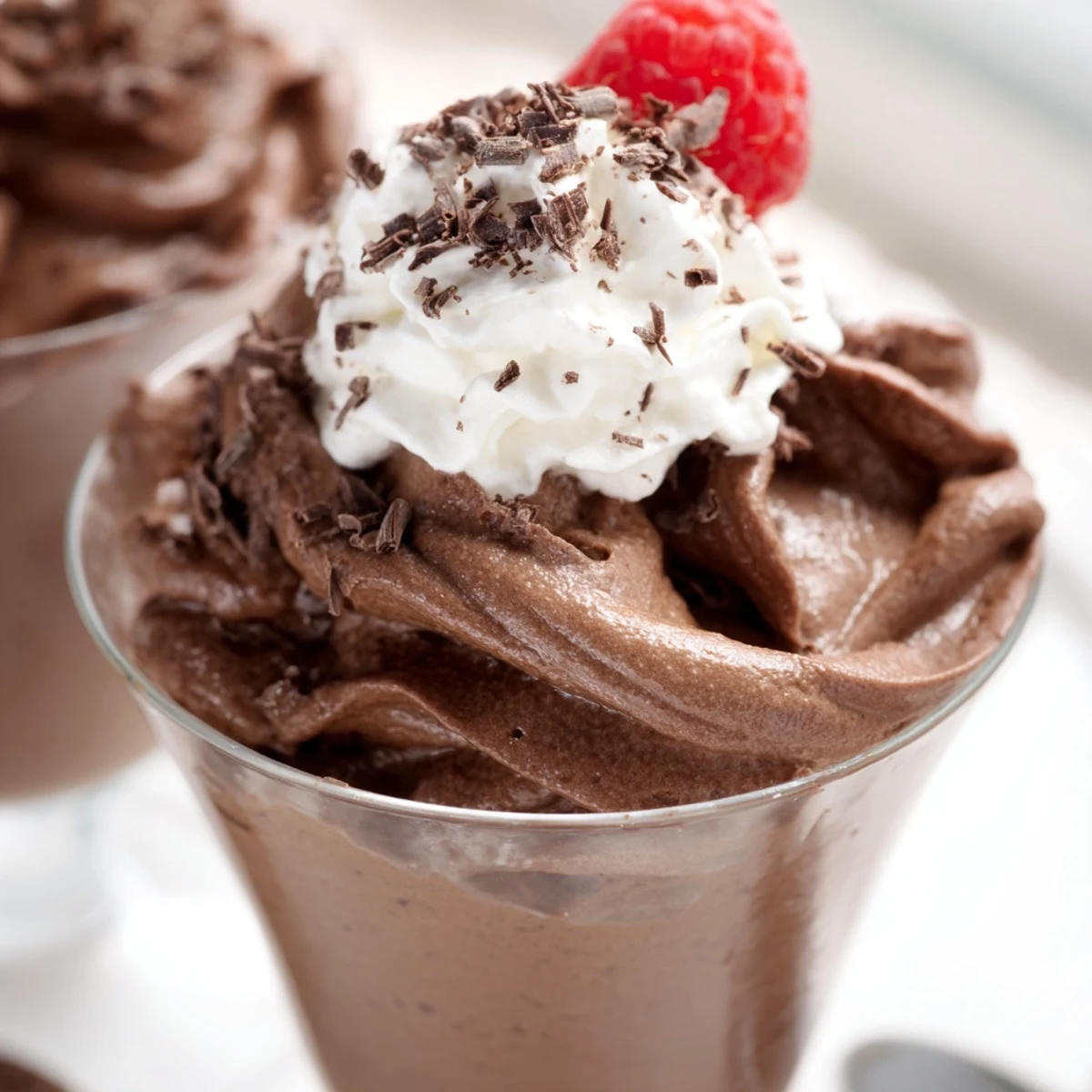 Creamy chocolate mousse served in elegant glasses topped with fresh whipped cream