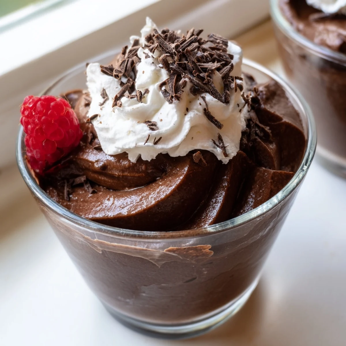 Rich chocolate mousse with glossy cocoa dusting in individual ramekins for dessert