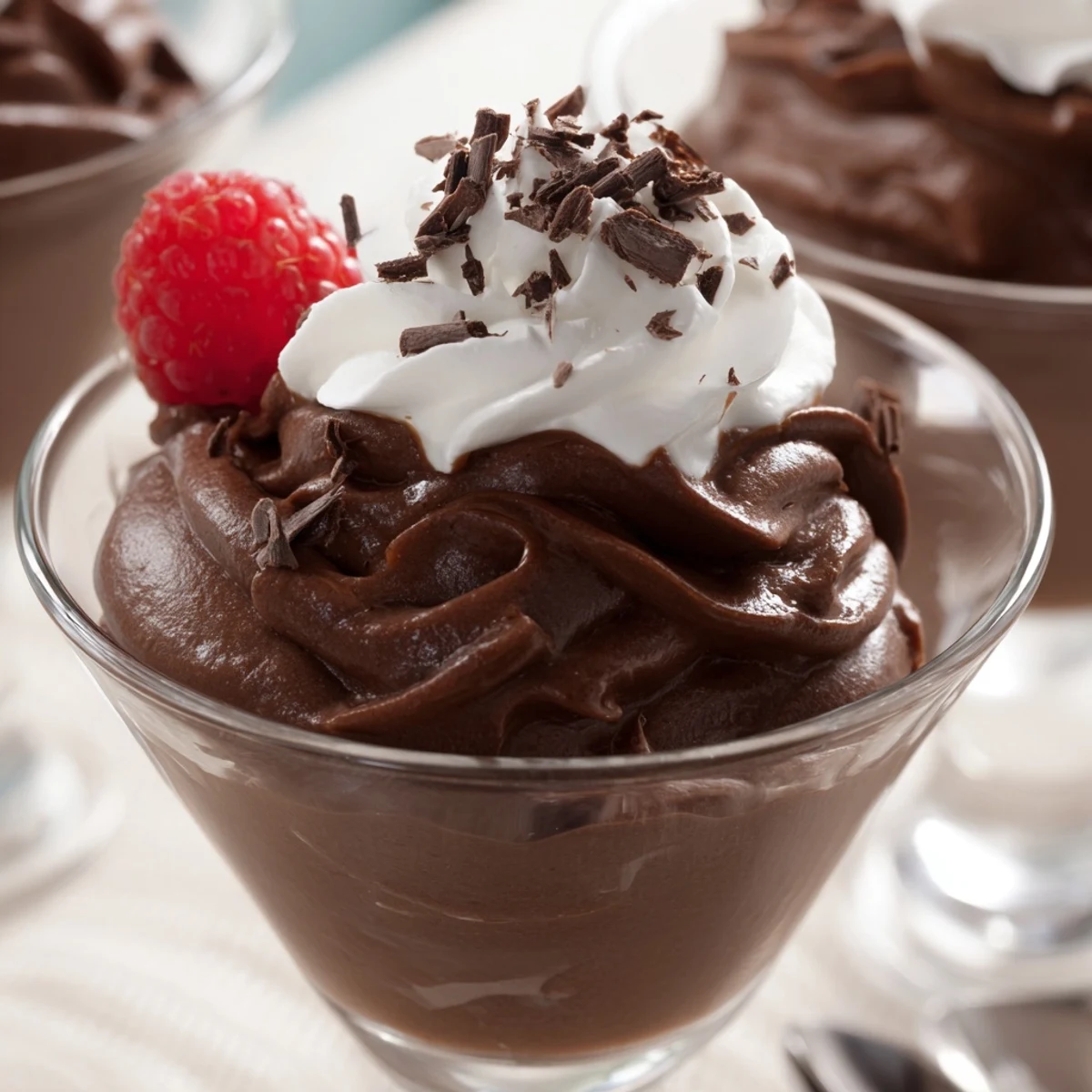 Silky chocolate mousse scooped into dessert cups and garnished with chocolate shavings