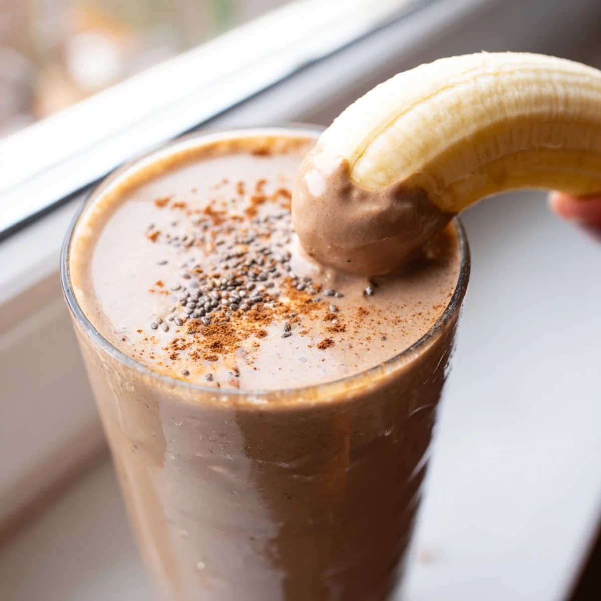 Creamy banana protein coffee smoothie topped with cinnamon in a tall glass