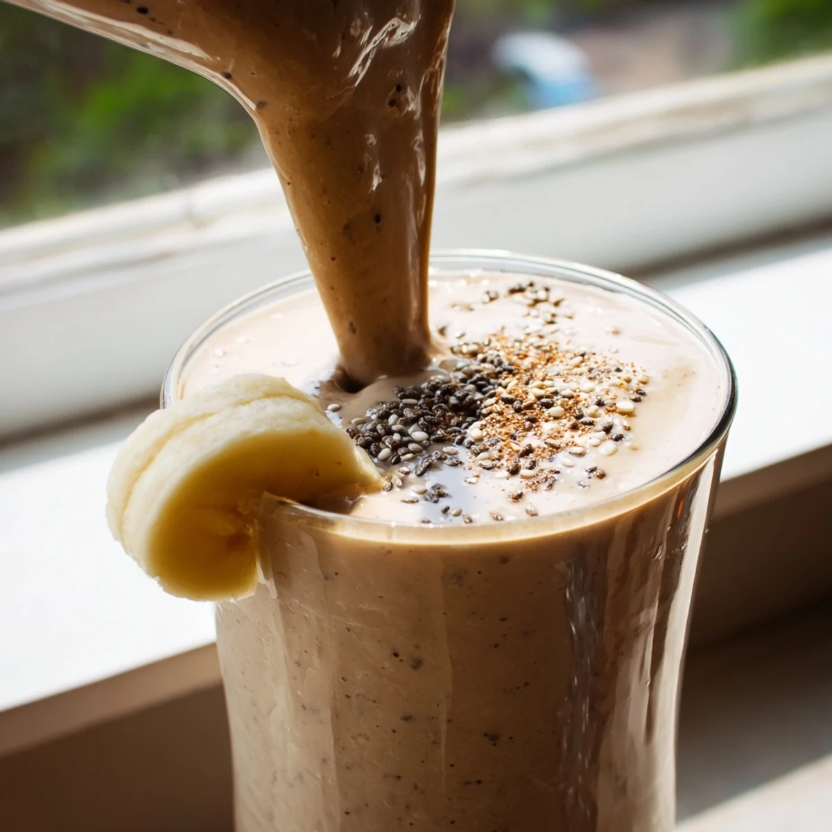 Frothy banana protein coffee smoothie poured over ice for a morning boost