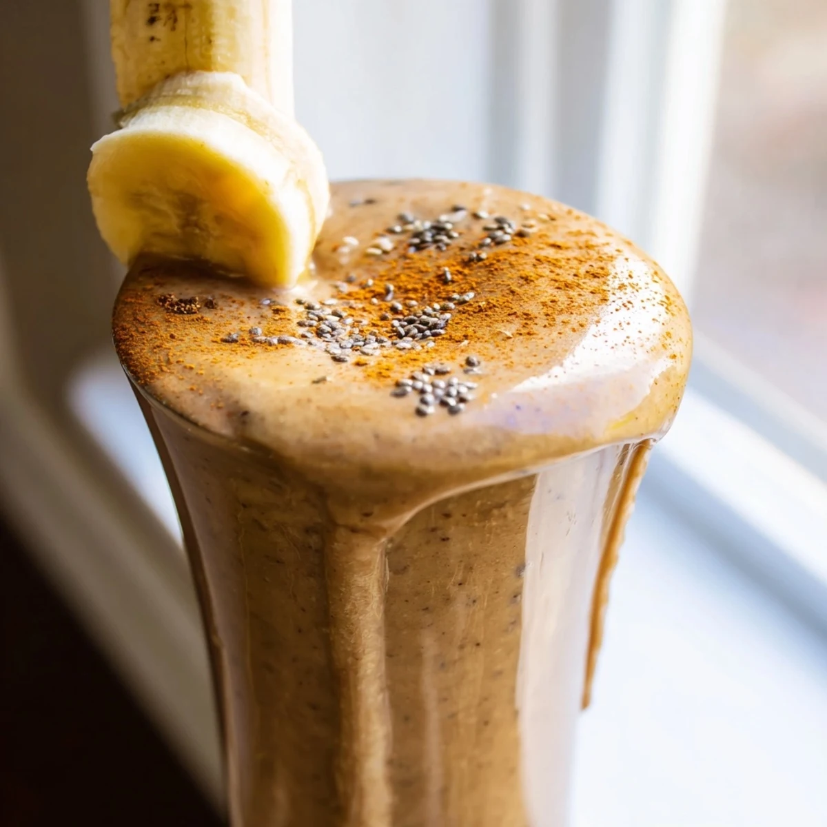 Thick banana protein coffee smoothie blended golden and served fresh with a straw