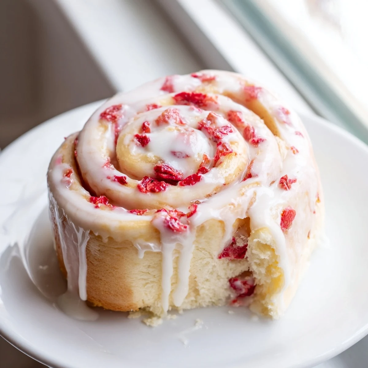 Golden strawberry cheesecake rolls drizzled with sweet vanilla glaze on a rustic plate