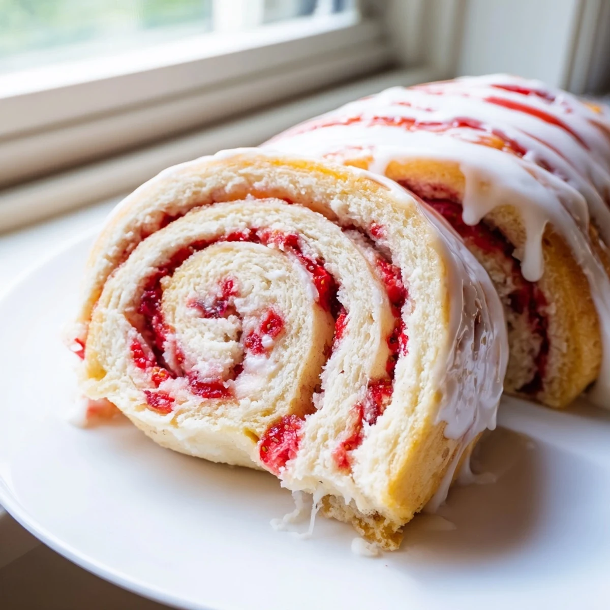 Soft swirled strawberry cheesecake rolls fresh from the oven with creamy filling