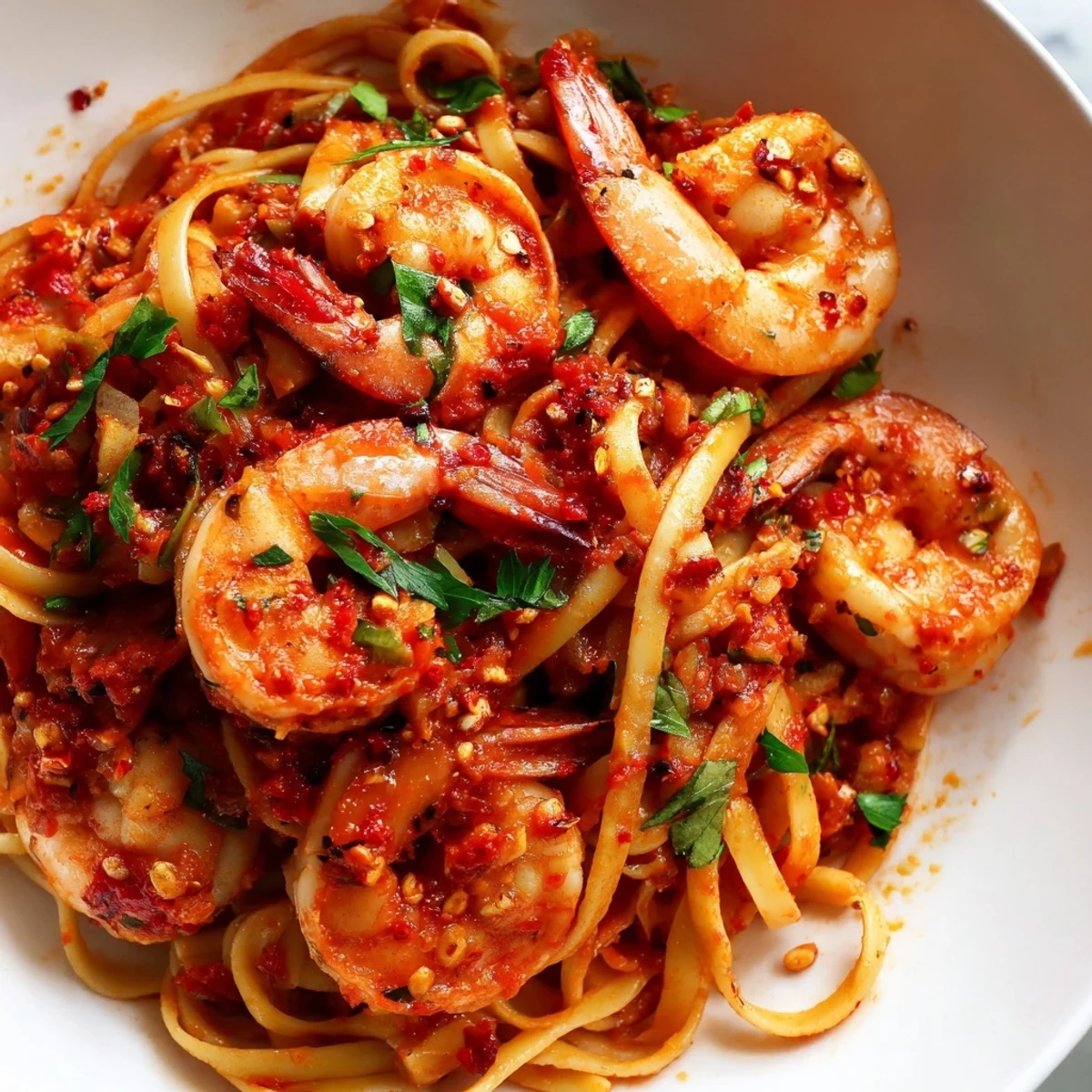 Spicy Shrimp Fra Diavolo in glossy red tomato sauce with fresh parsley garnish